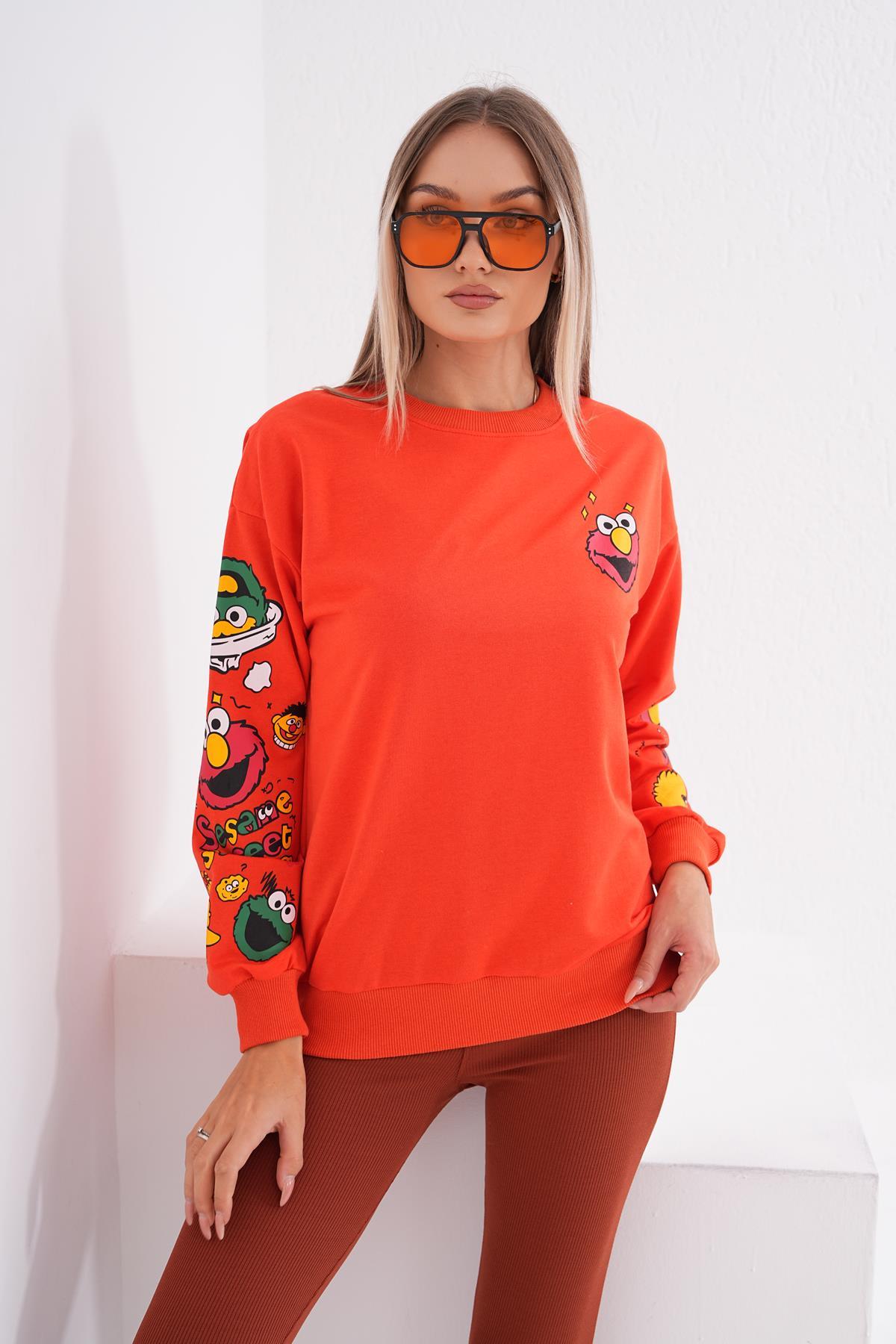 Kadın Baskı Detaylı Bisiklet Yaka Oversize Sweatshirt 245222 -