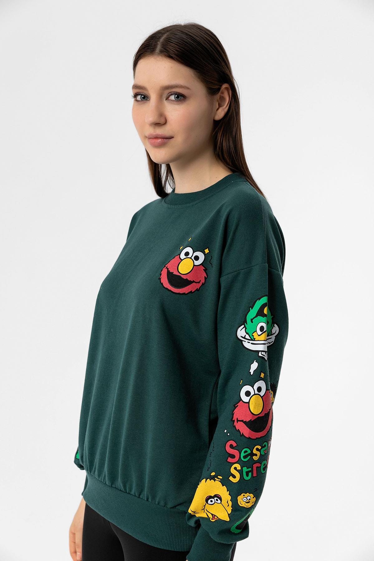 Kadın Baskı Detaylı Bisiklet Yaka Oversize Sweatshirt 245222 -