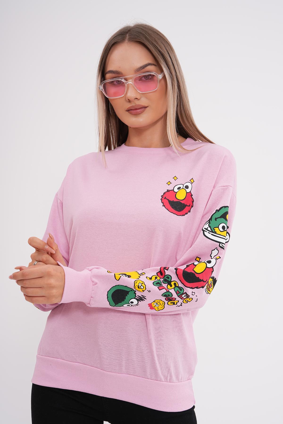 Kadın Baskı Detaylı Bisiklet Yaka Oversize Sweatshirt 245222 -