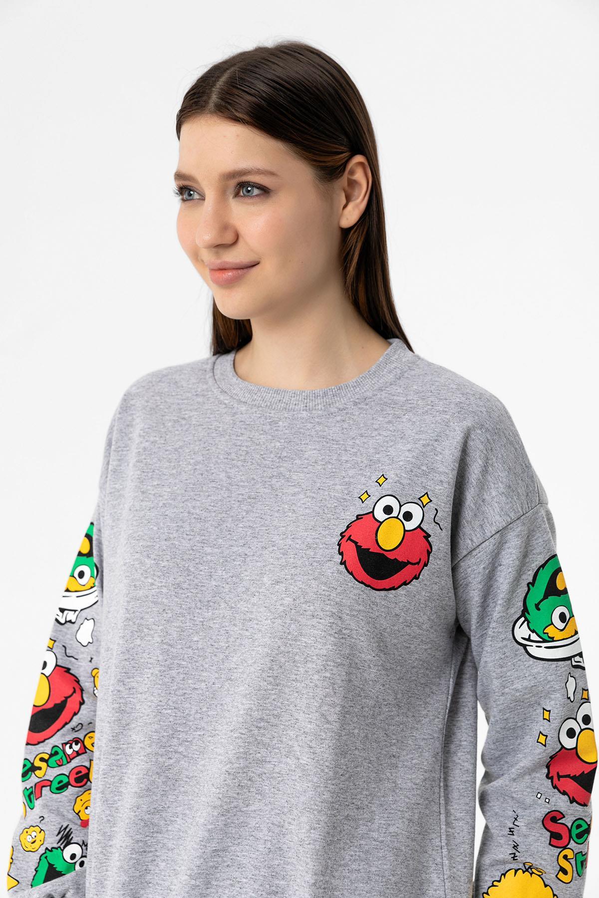 Kadın Baskı Detaylı Bisiklet Yaka Oversize Sweatshirt 245222 -