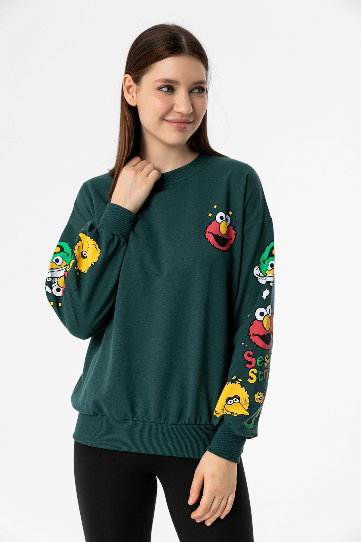 Kadın Baskı Detaylı Bisiklet Yaka Oversize Sweatshirt 245222 -