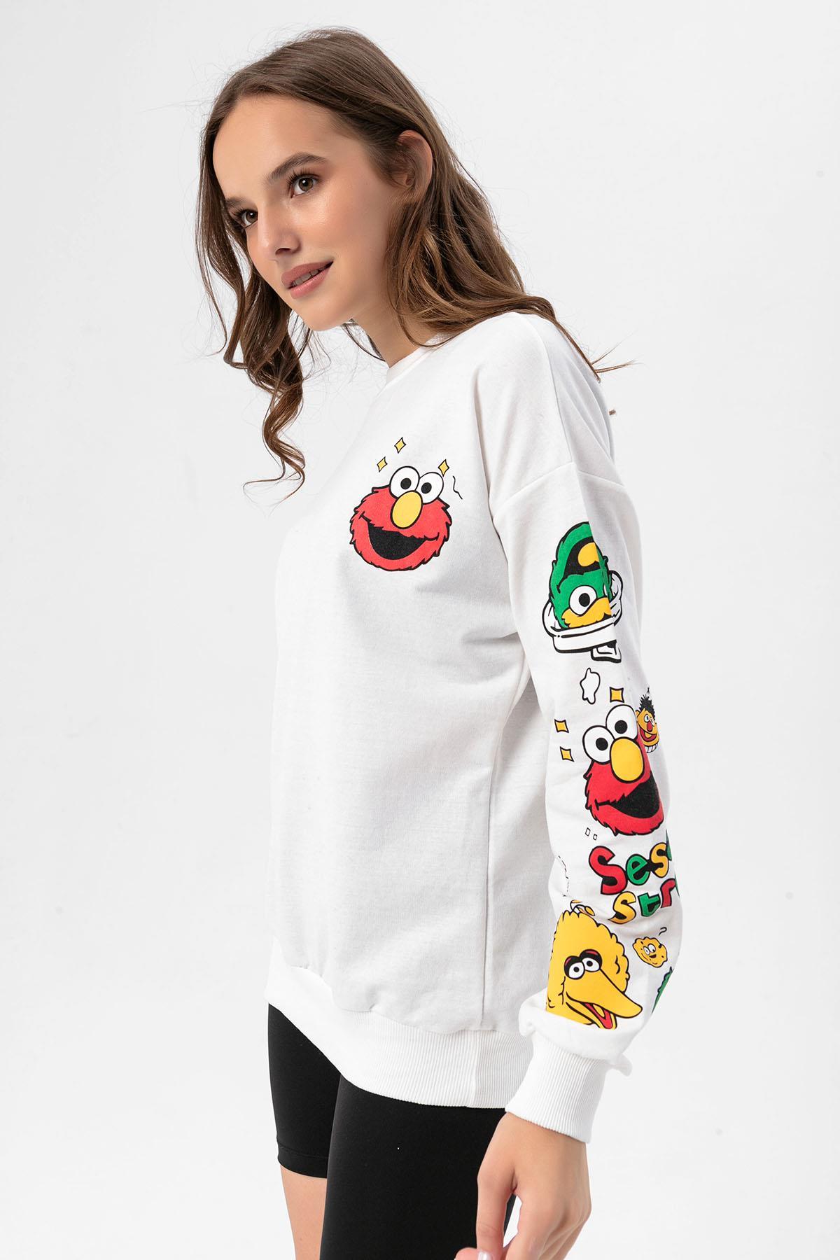 Kadın Baskı Detaylı Bisiklet Yaka Oversize Sweatshirt 245222 -