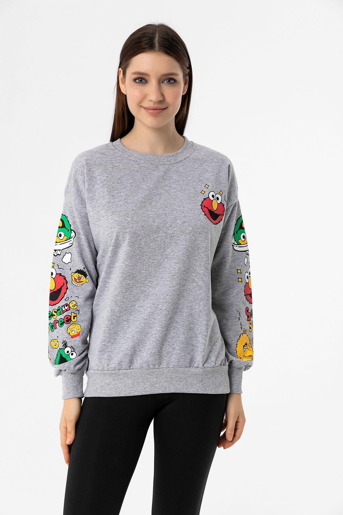 Kadın Baskı Detaylı Bisiklet Yaka Oversize Sweatshirt 235262 -