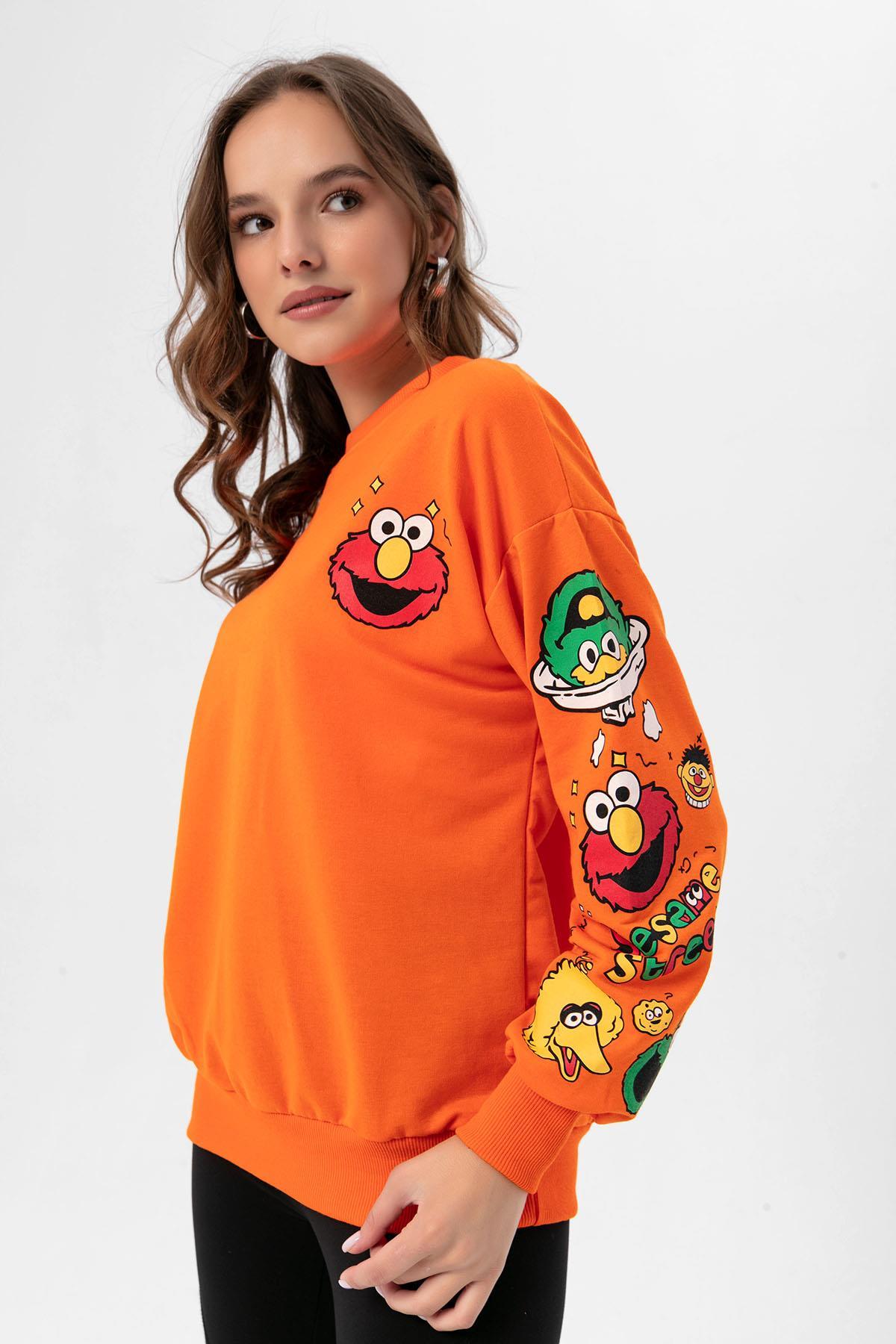 Kadın Baskı Detaylı Bisiklet Yaka Oversize Sweatshirt 245222 -