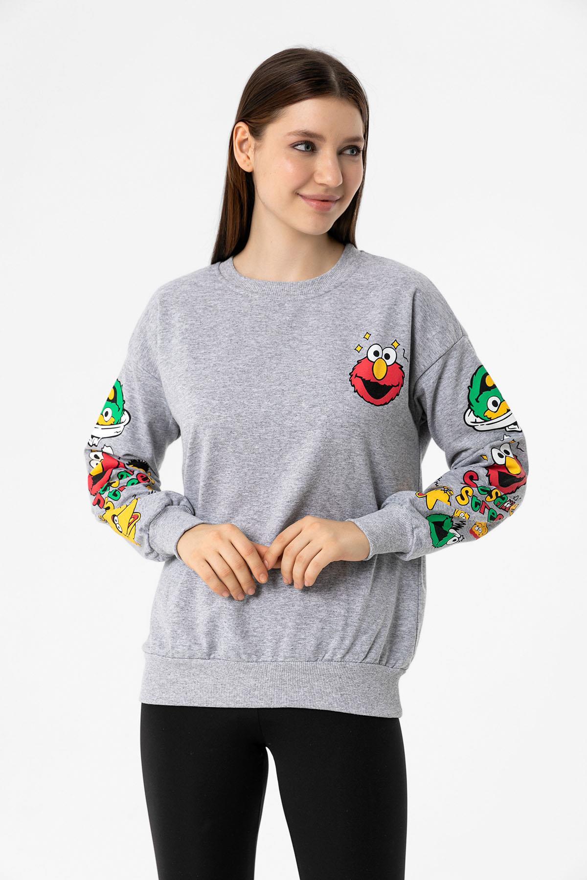 Kadın Baskı Detaylı Bisiklet Yaka Oversize Sweatshirt 235262 -
