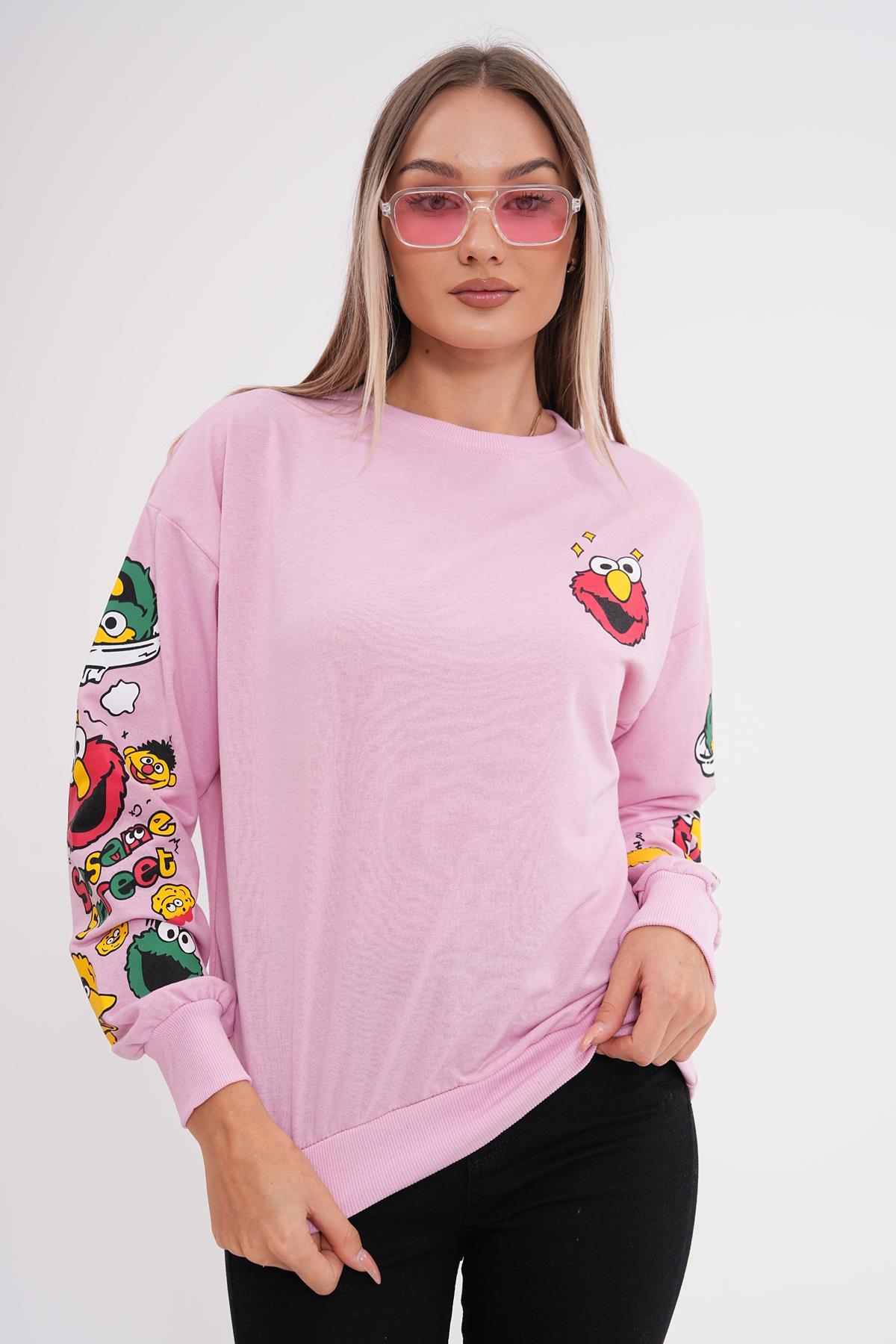 Kadın Baskı Detaylı Bisiklet Yaka Oversize Sweatshirt 245222 -
