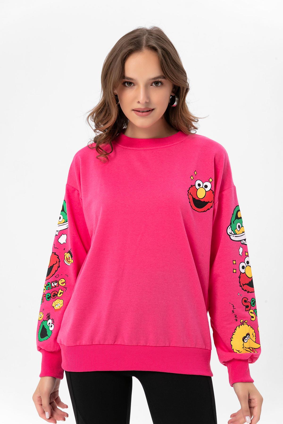 Kadın Baskı Detaylı Bisiklet Yaka Oversize Sweatshirt 235262 -