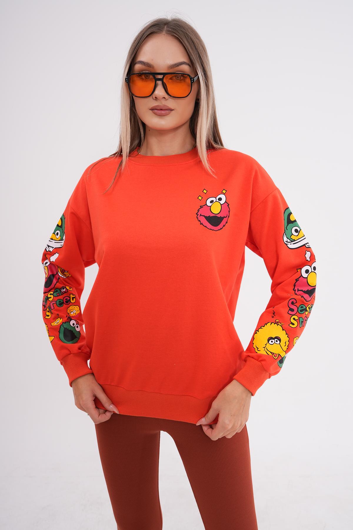 Kadın Baskı Detaylı Bisiklet Yaka Oversize Sweatshirt 245222 -