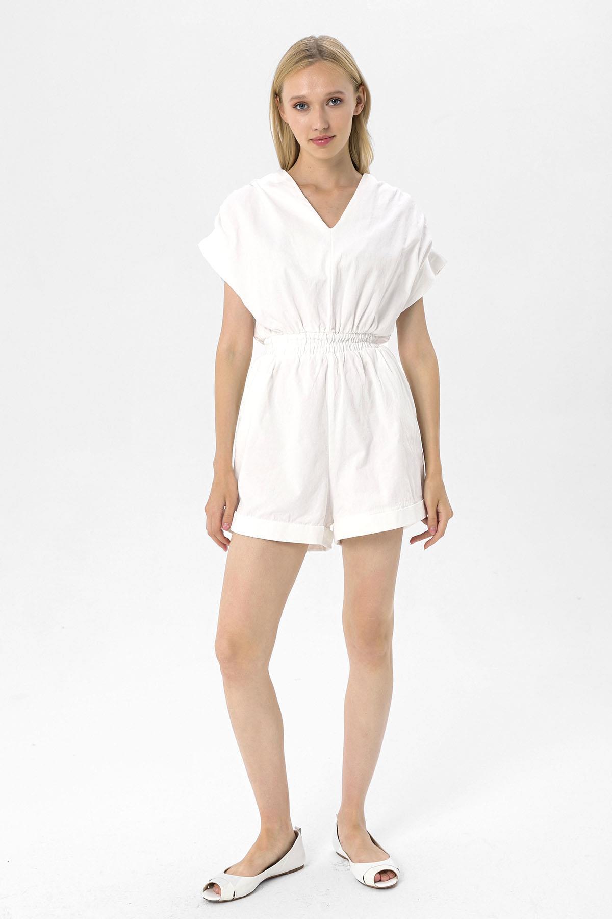 Kadın Beli Lastikli Gabardin Şortlu Tulum