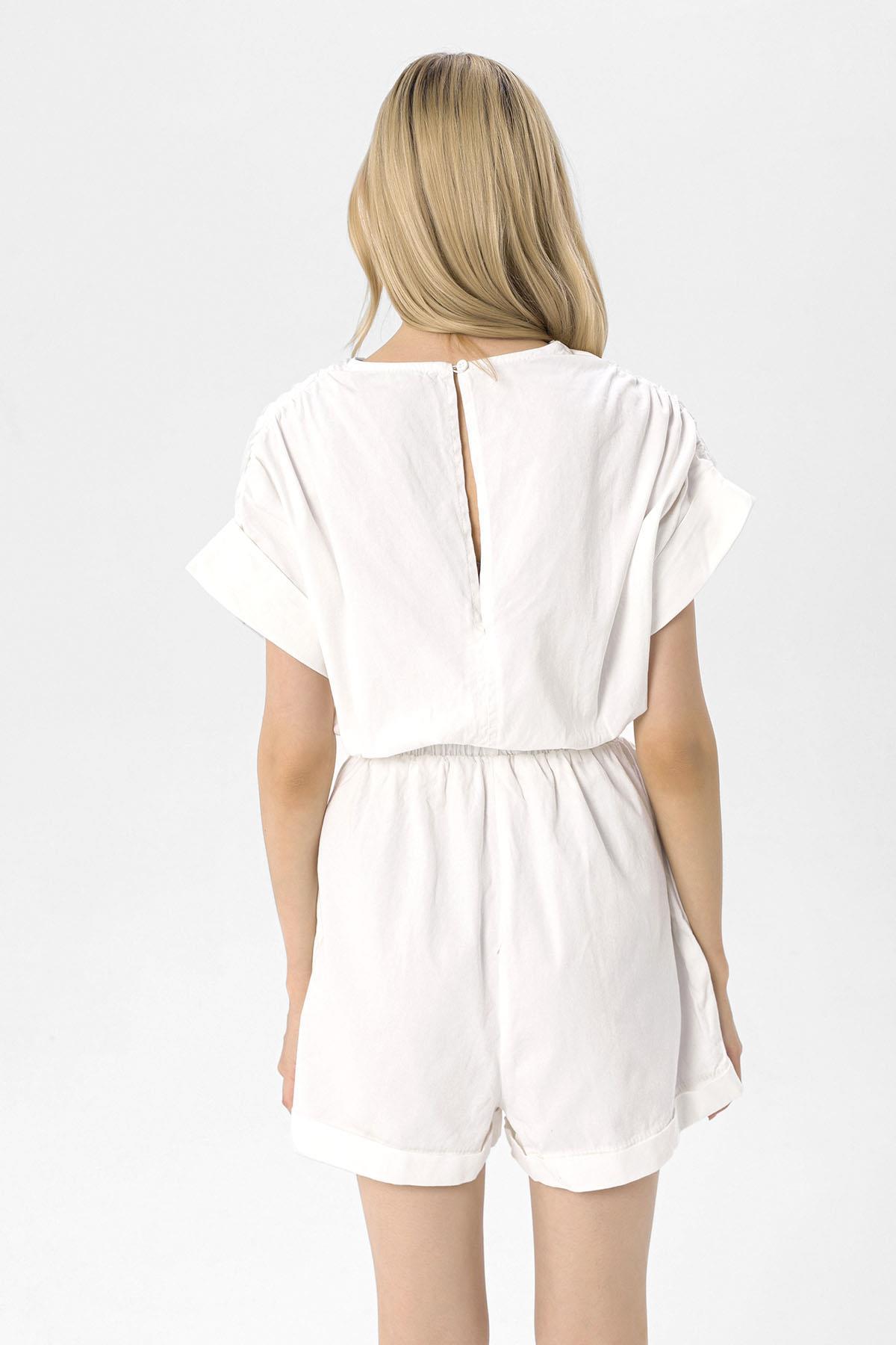 Kadın Beli Lastikli Gabardin Şortlu Tulum