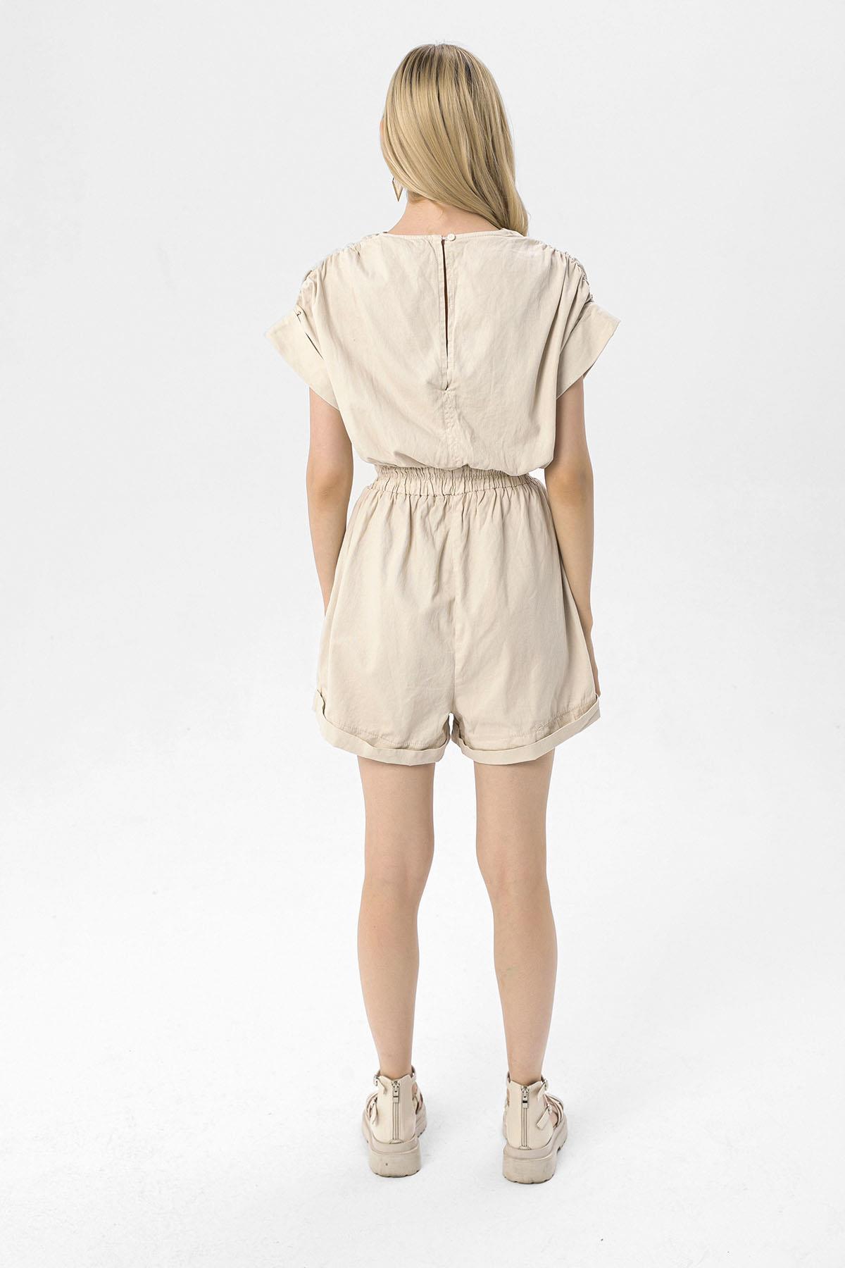 Kadın Beli Lastikli Gabardin Şortlu Tulum