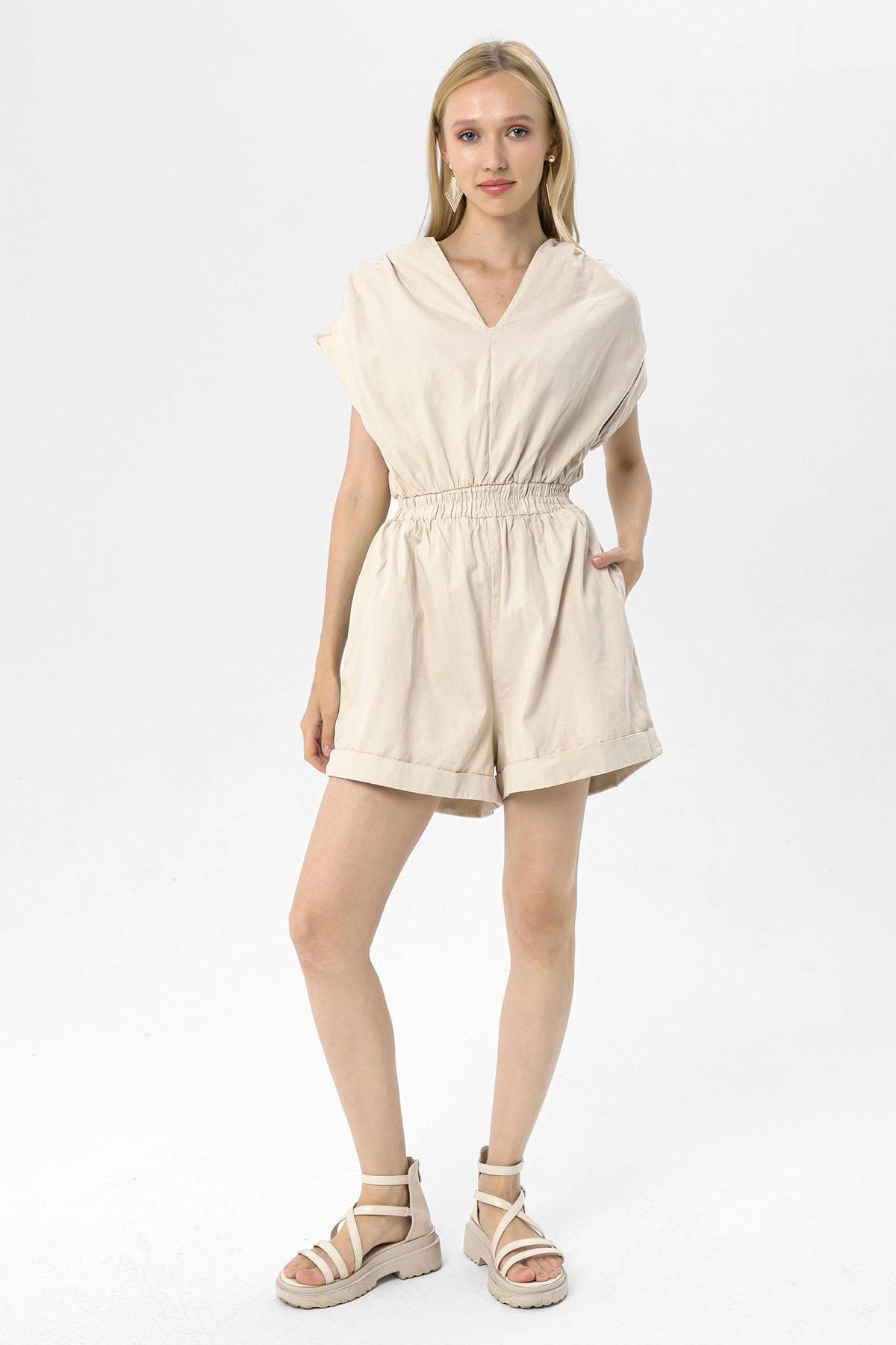 Kadın Beli Lastikli Gabardin Şortlu Tulum