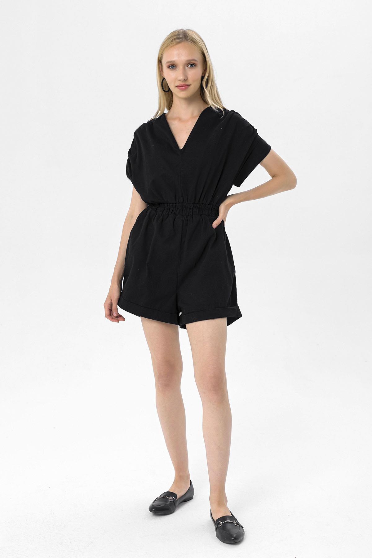 Kadın Beli Lastikli Gabardin Şortlu Tulum
