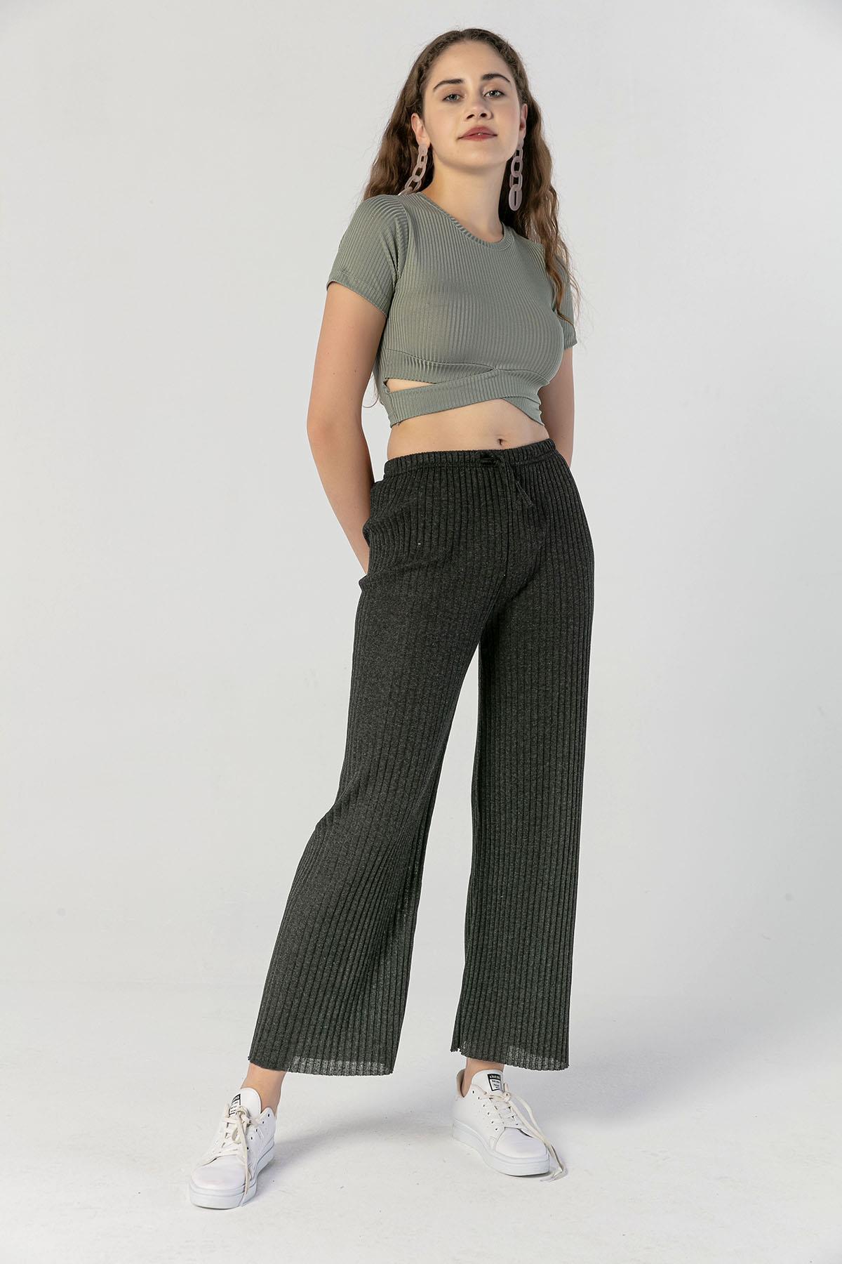 Kadın Beli Lastikli İspanyol Paça Kaşkorse Pantolon