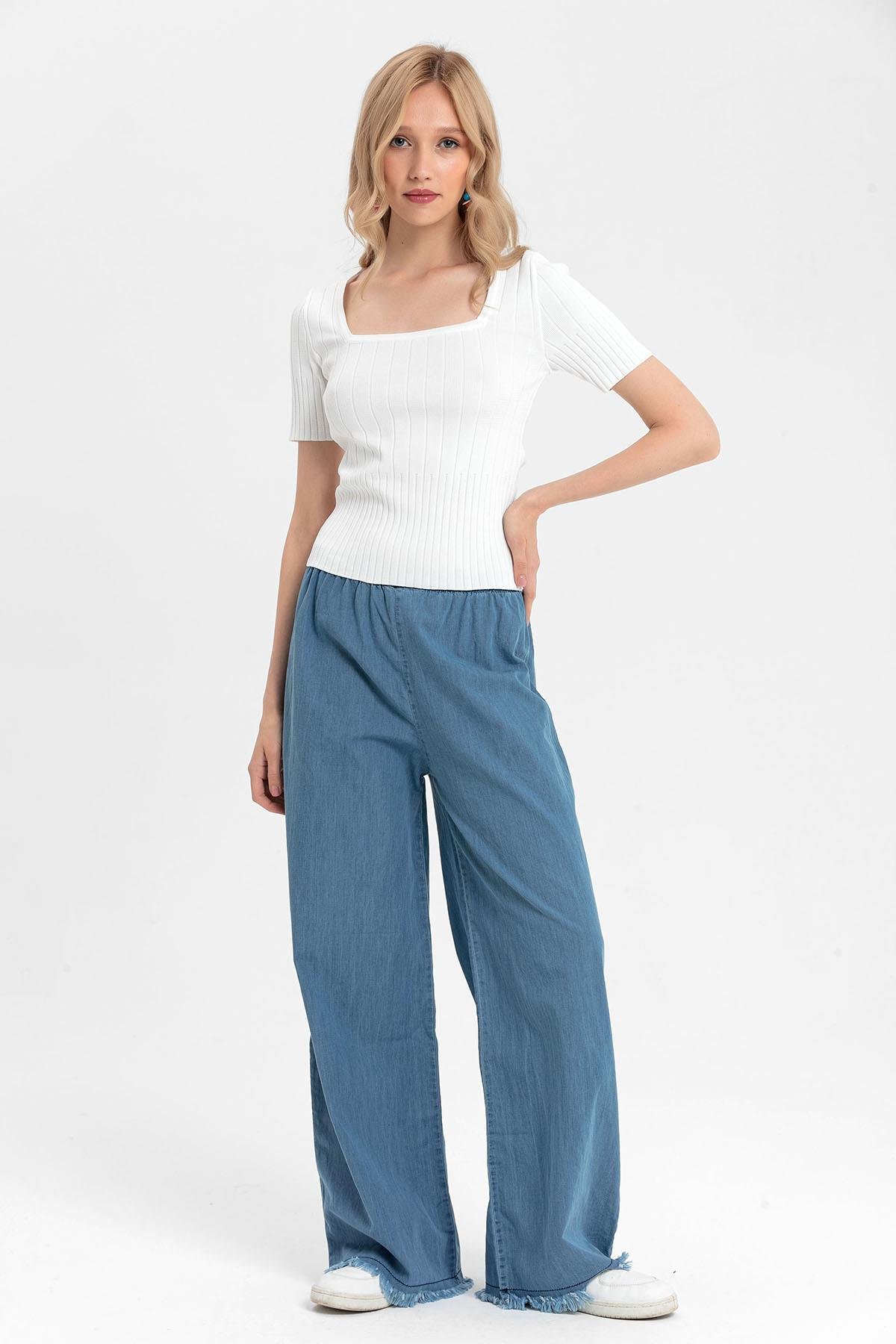 Kadın Beli Lastikli İspanyol Paça Püskül Detaylı Jeans Pantolon