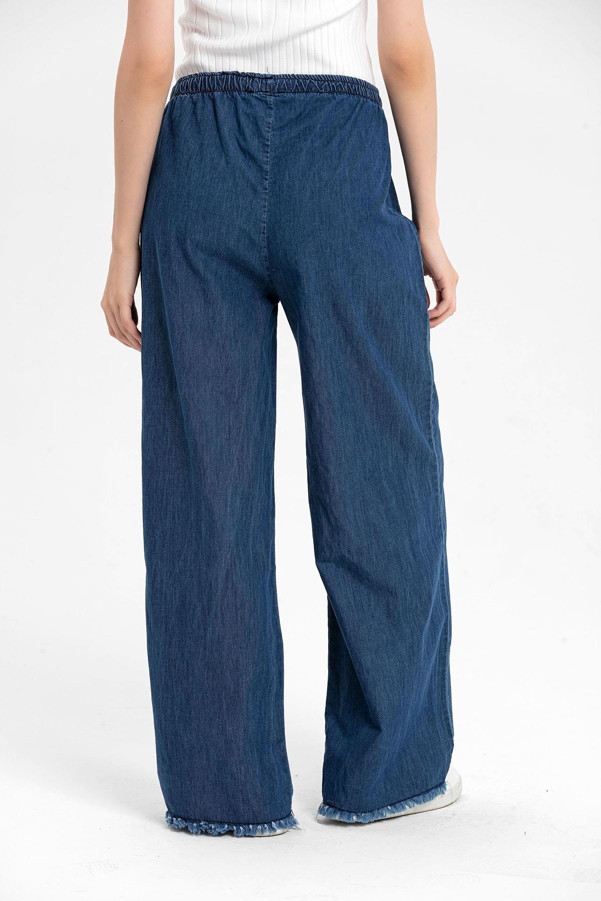 Kadın Beli Lastikli İspanyol Paça Püskül Detaylı Jeans Pantolon
