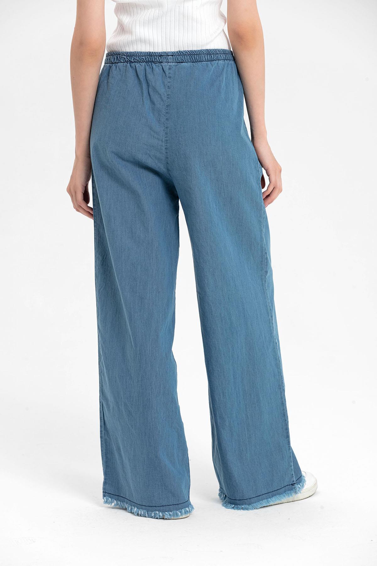 Kadın Beli Lastikli İspanyol Paça Püskül Detaylı Jeans Pantolon