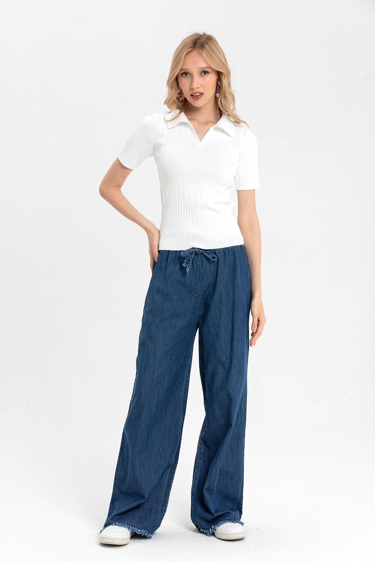 Kadın Beli Lastikli İspanyol Paça Püskül Detaylı Jeans Pantolon