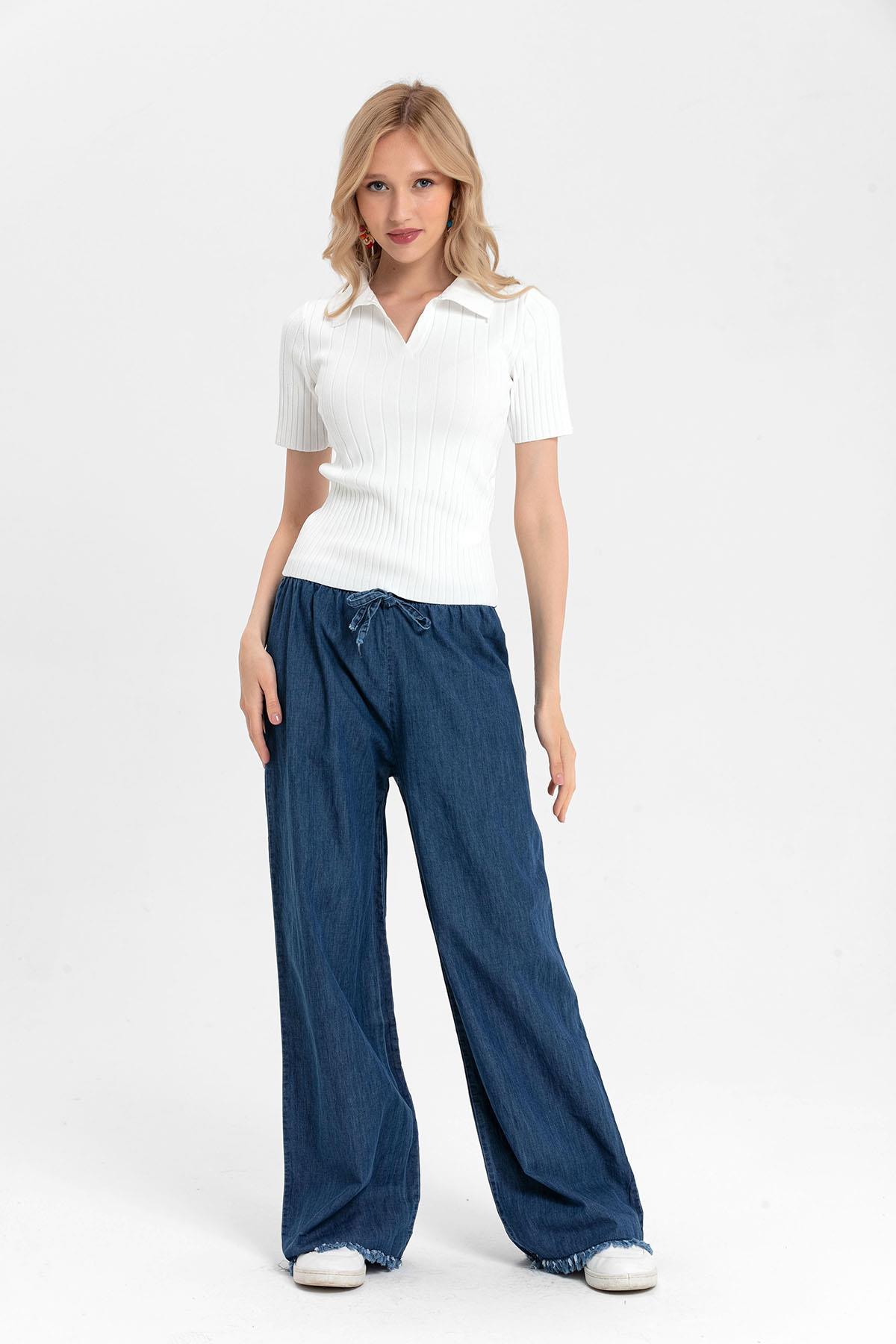 Kadın Beli Lastikli İspanyol Paça Püskül Detaylı Jeans Pantolon