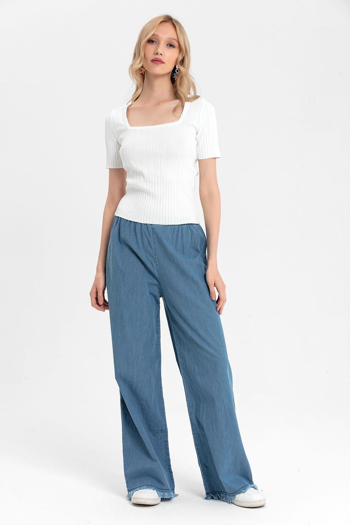 Kadın Beli Lastikli İspanyol Paça Püskül Detaylı Jeans Pantolon