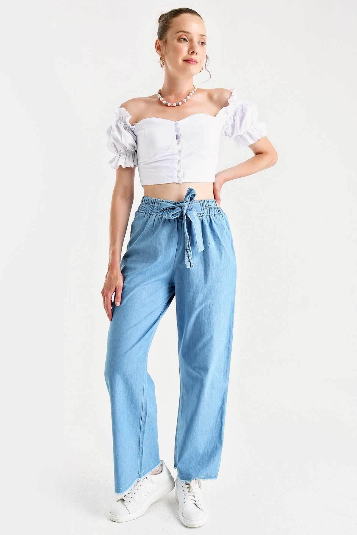 Kadın Beli Lastikli Kuşaklı Bol Paça Jeans Pantolon