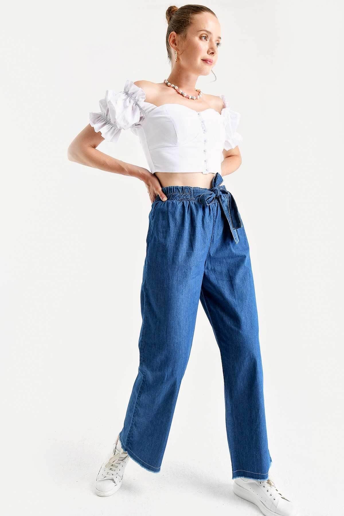 Kadın Beli Lastikli Kuşaklı Bol Paça Jeans Pantolon