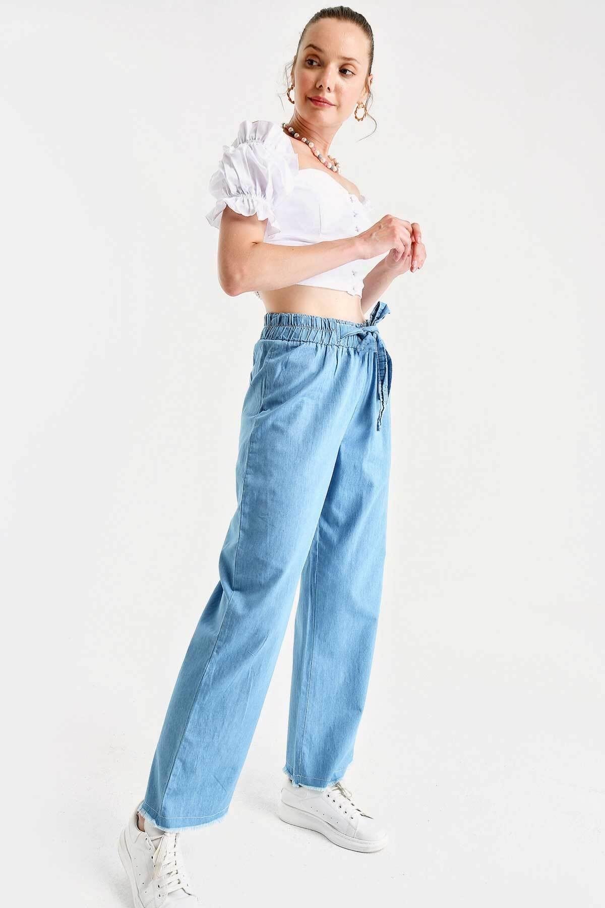 Kadın Beli Lastikli Kuşaklı Bol Paça Jeans Pantolon