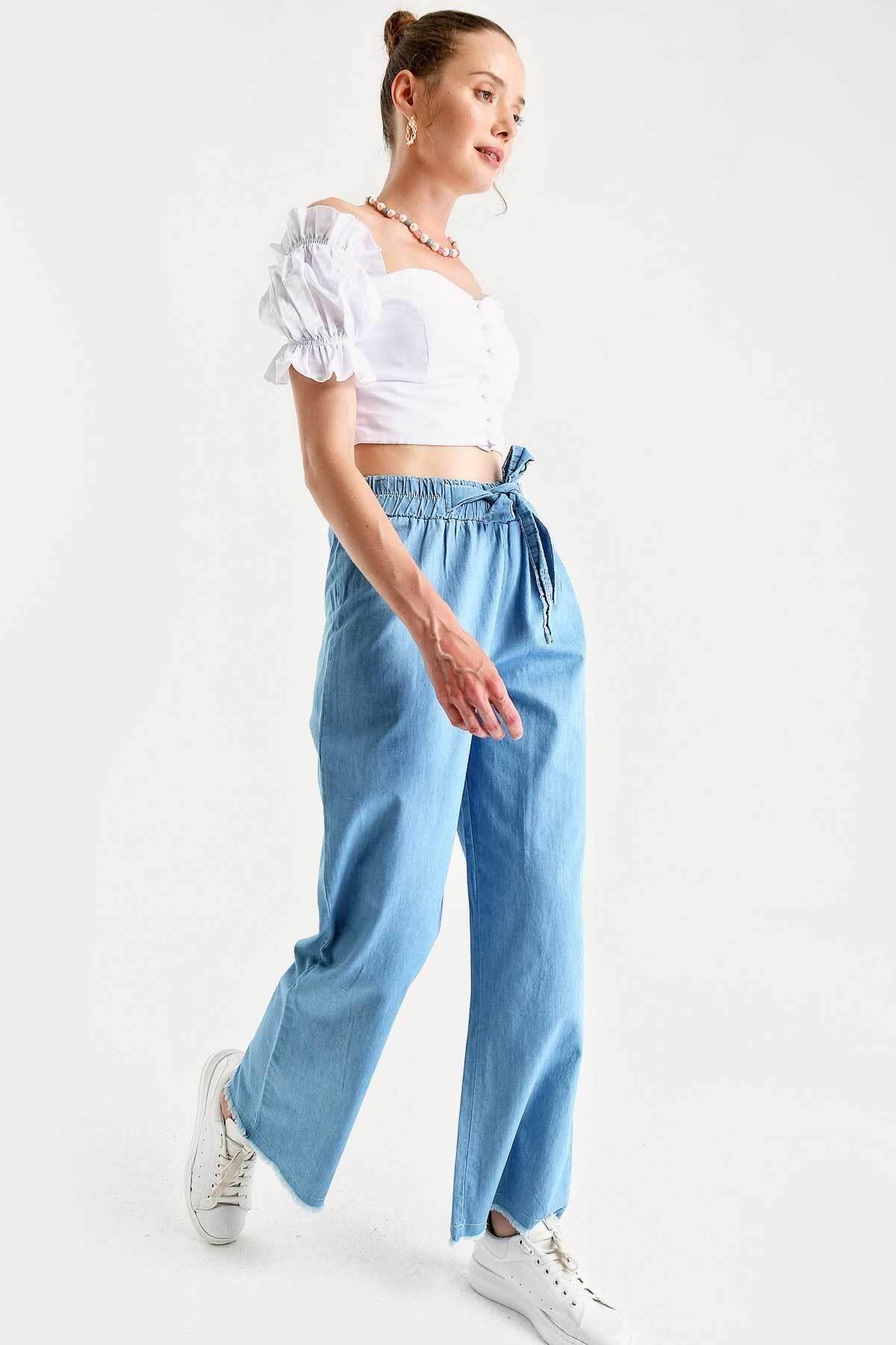 Kadın Beli Lastikli Kuşaklı Bol Paça Jeans Pantolon