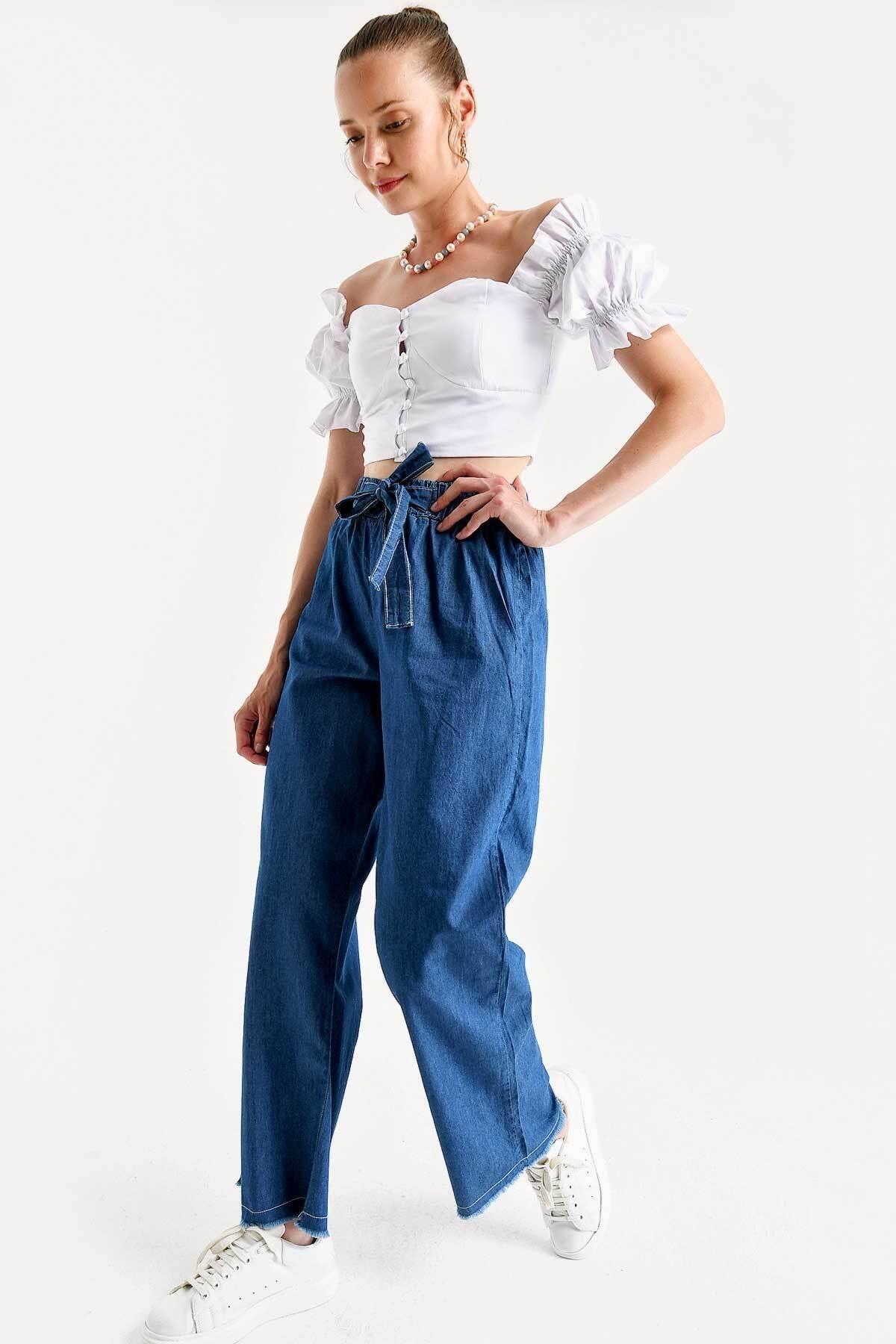 Kadın Beli Lastikli Kuşaklı Bol Paça Jeans Pantolon