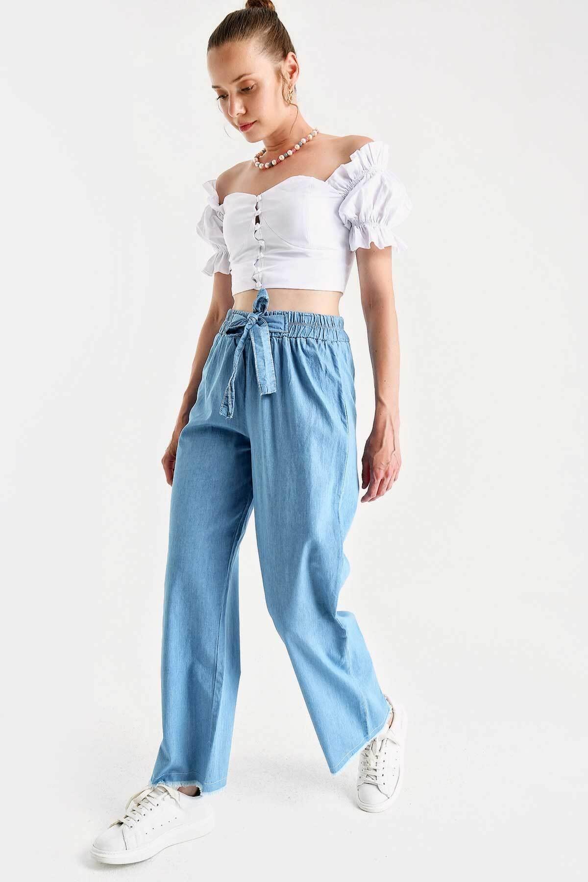 Kadın Beli Lastikli Kuşaklı Bol Paça Jeans Pantolon
