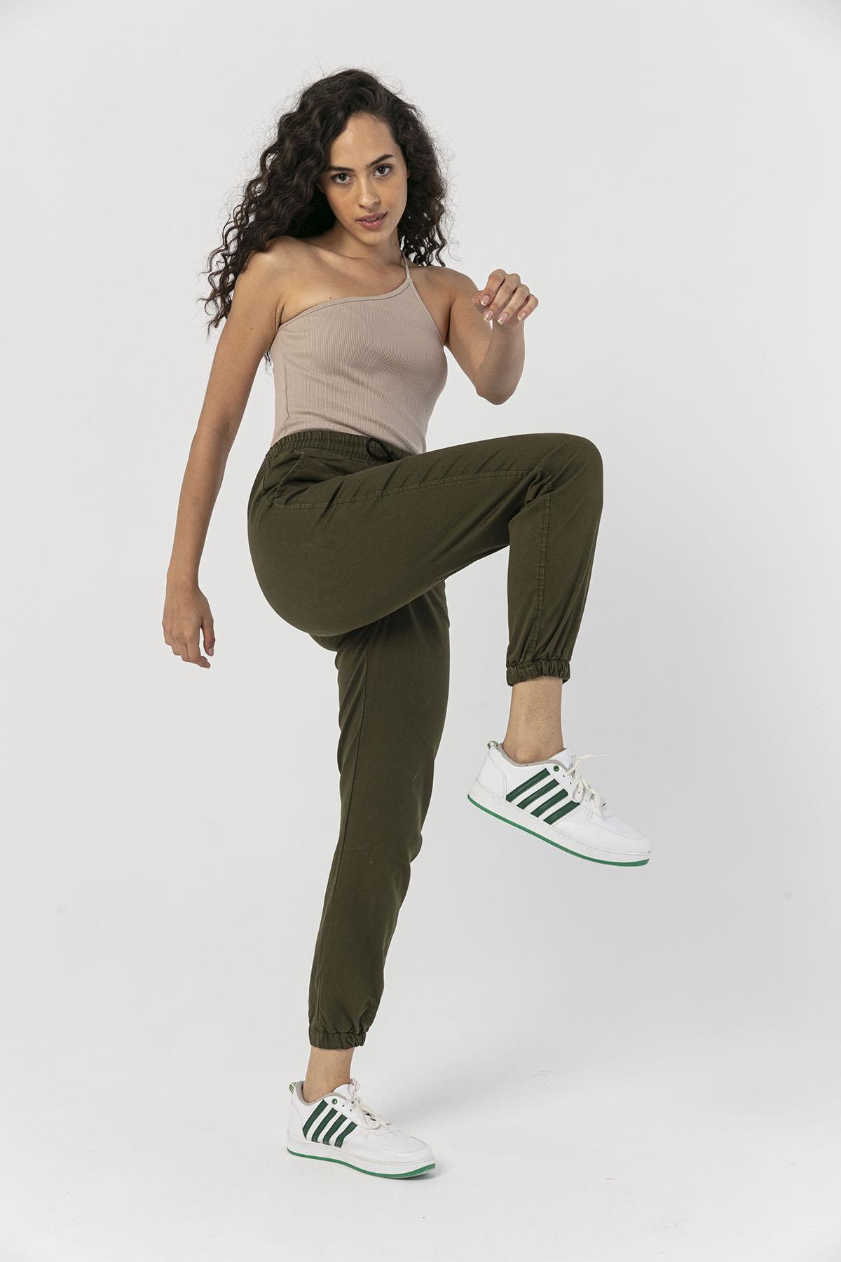 Kadın Beli Paçası Lastikli Gabardin Pantolon