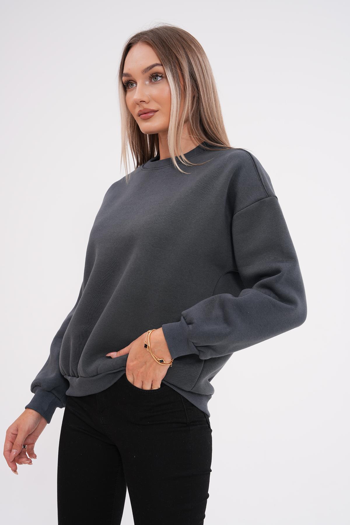 Kadın Bisiklet Yaka Üç İplik Oversize Sweatshirt 245075 -