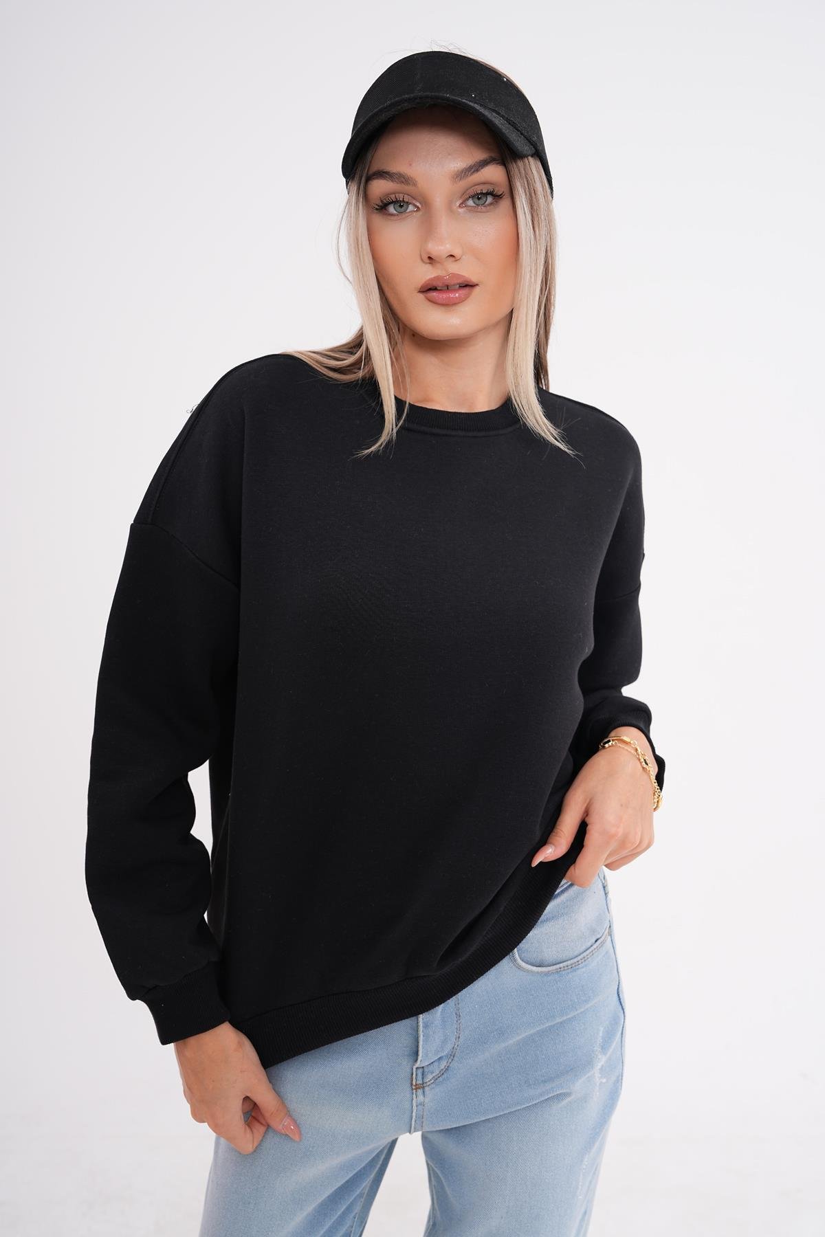 Kadın Bisiklet Yaka Üç İplik Oversize Sweatshirt 245075 -
