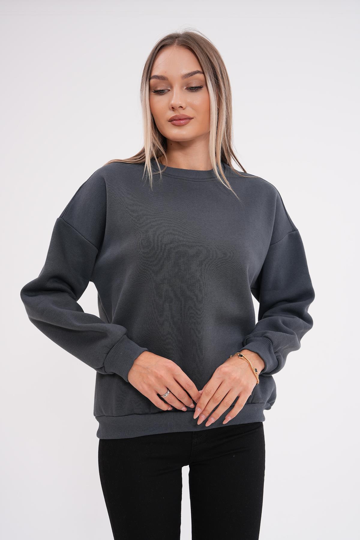 Kadın Bisiklet Yaka Üç İplik Oversize Sweatshirt 245075 -