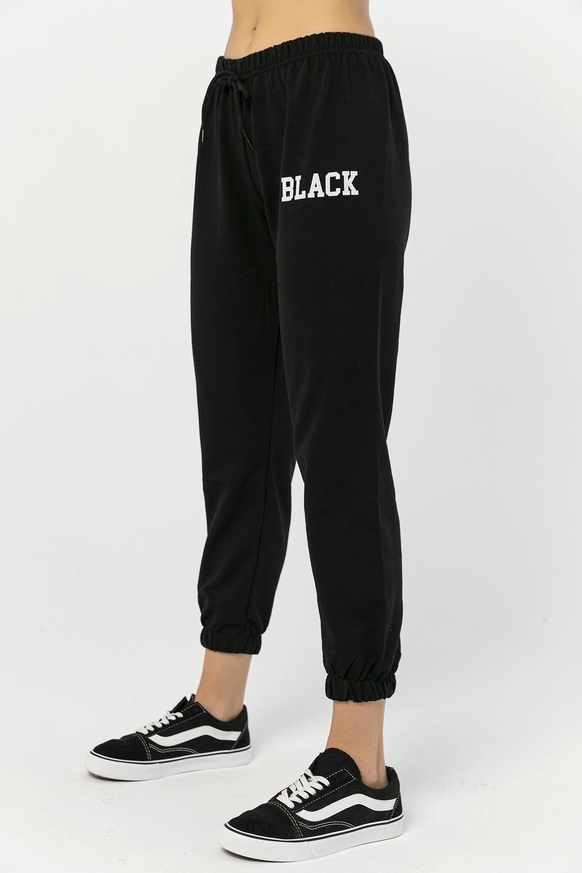 Kadın Black Yazılı Beli Paçası Lastikli Tek Alt Eşofman