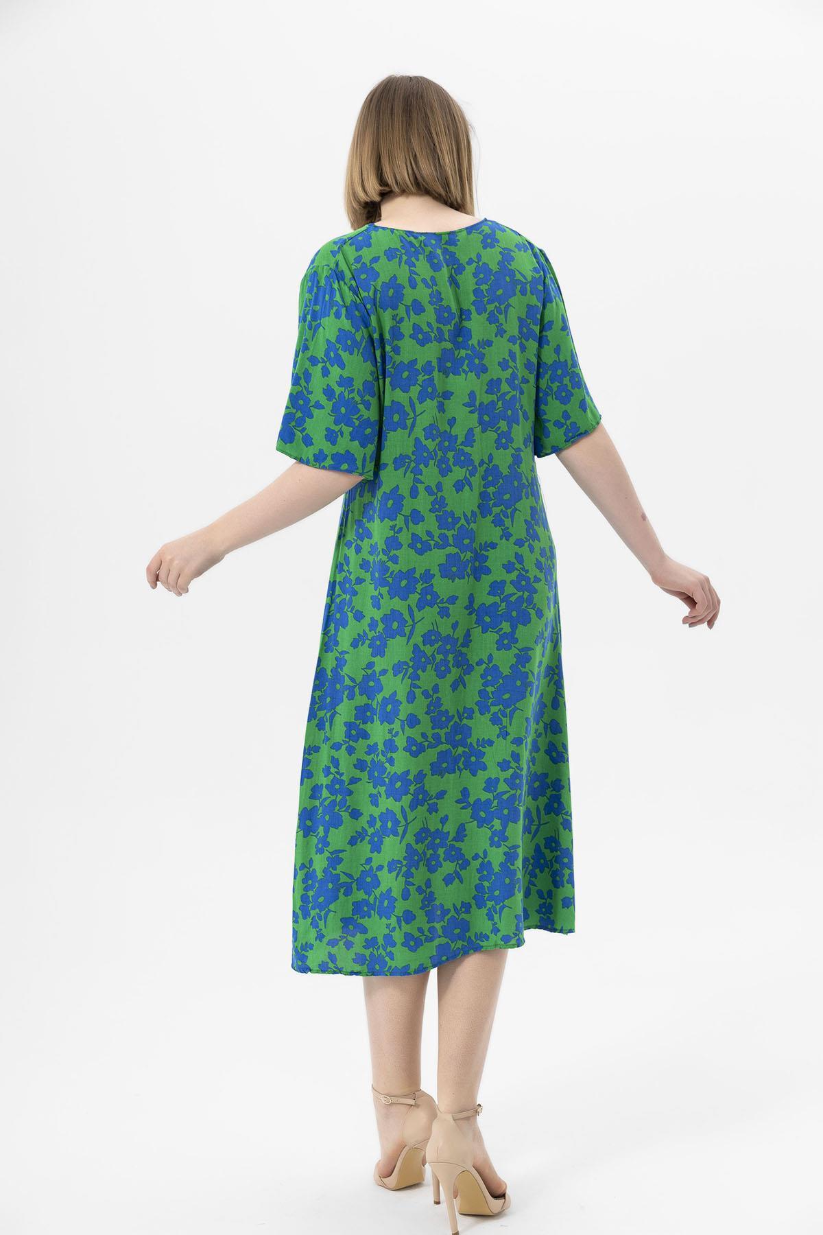 Kadın Çiçek Desenli V Yaka Oversize Elbise