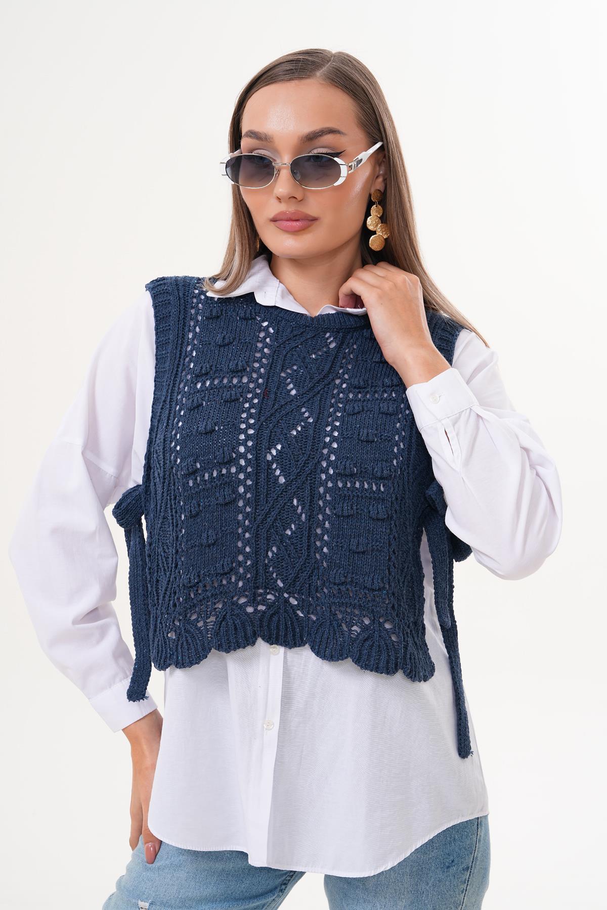 Kadın Desenli Yandan Bağlama Detaylı Triko Örme Süveter 255222 -