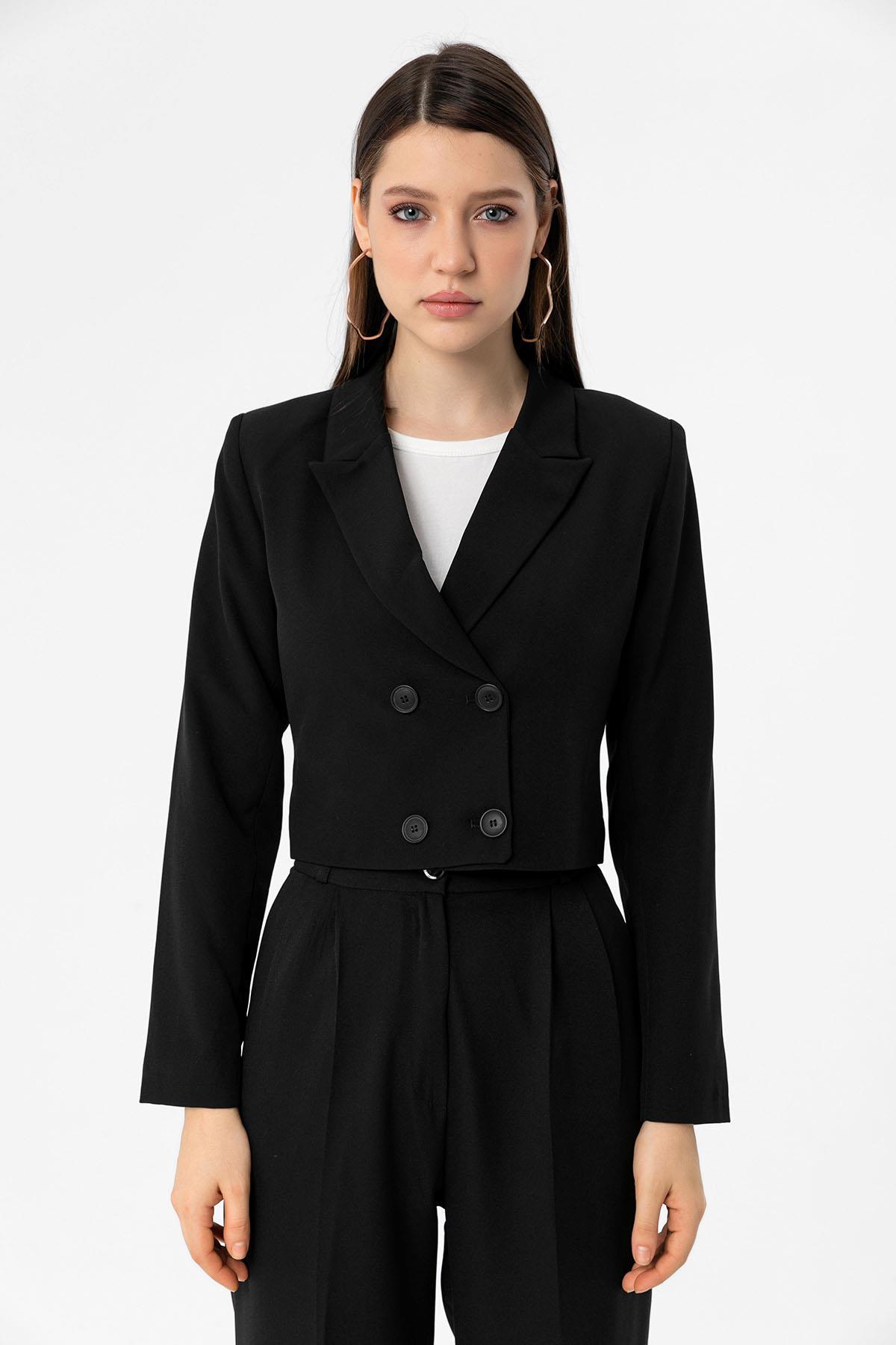 Kadın Düğme Kapamalı Crop Blazer Ceket