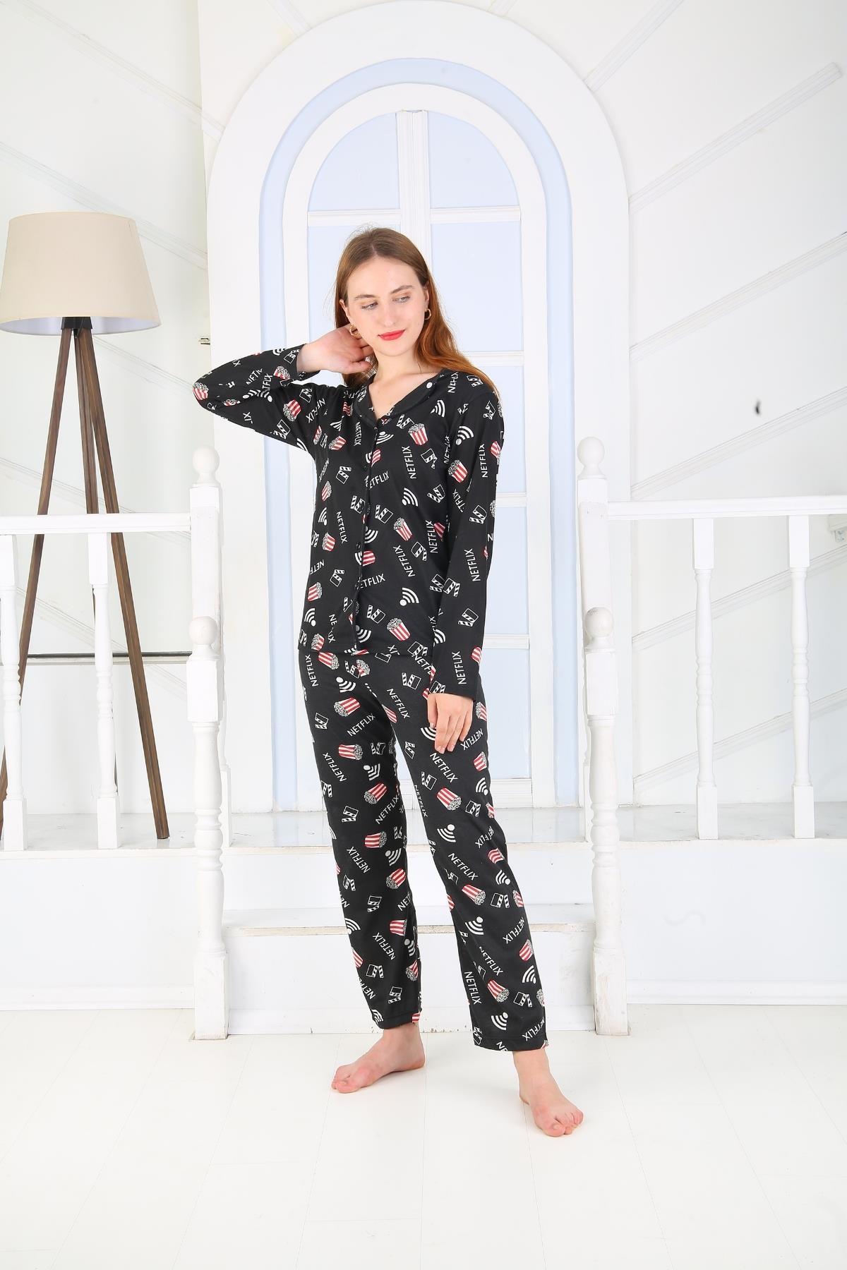 Kadın Düğmeli Uzun Kol Pamuklu Likralı Pijama Takım