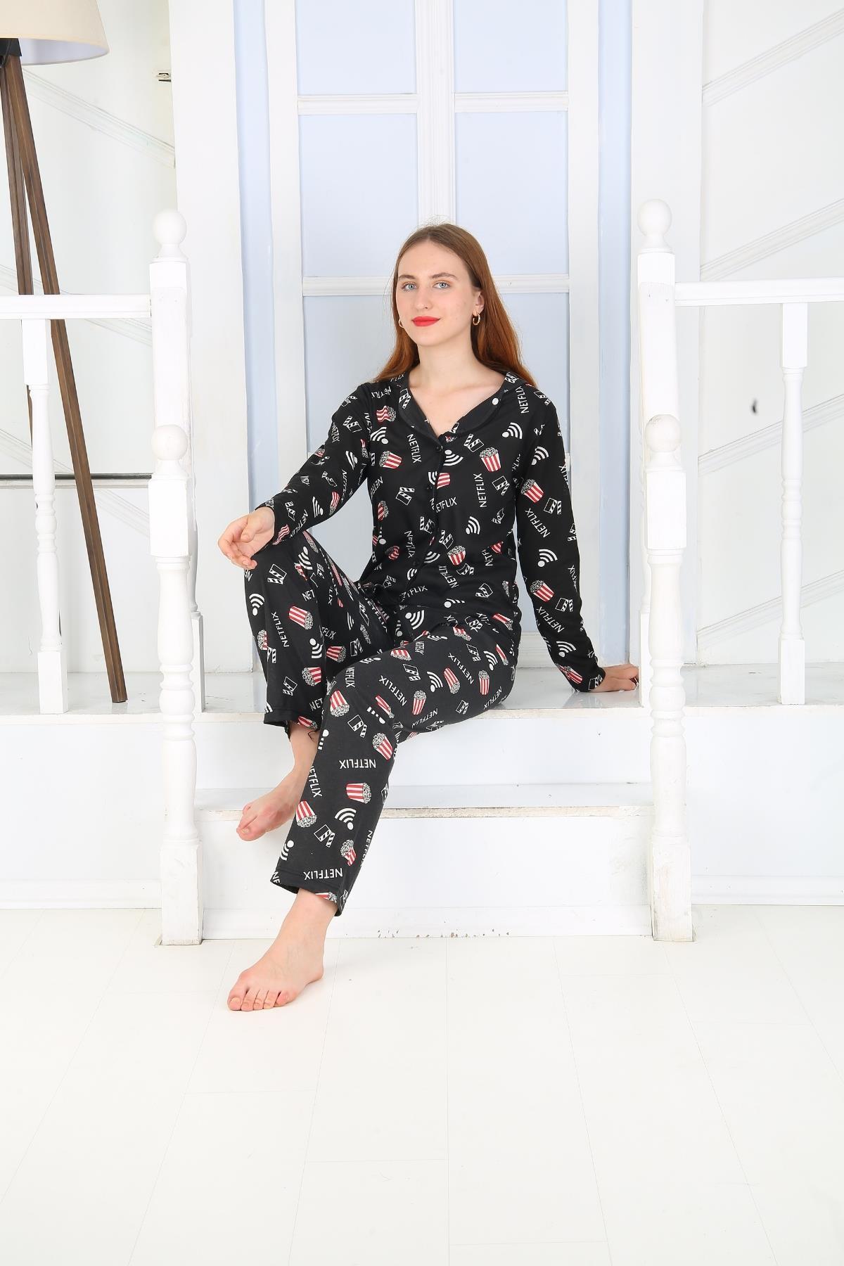 Kadın Düğmeli Uzun Kol Pamuklu Likralı Pijama Takım
