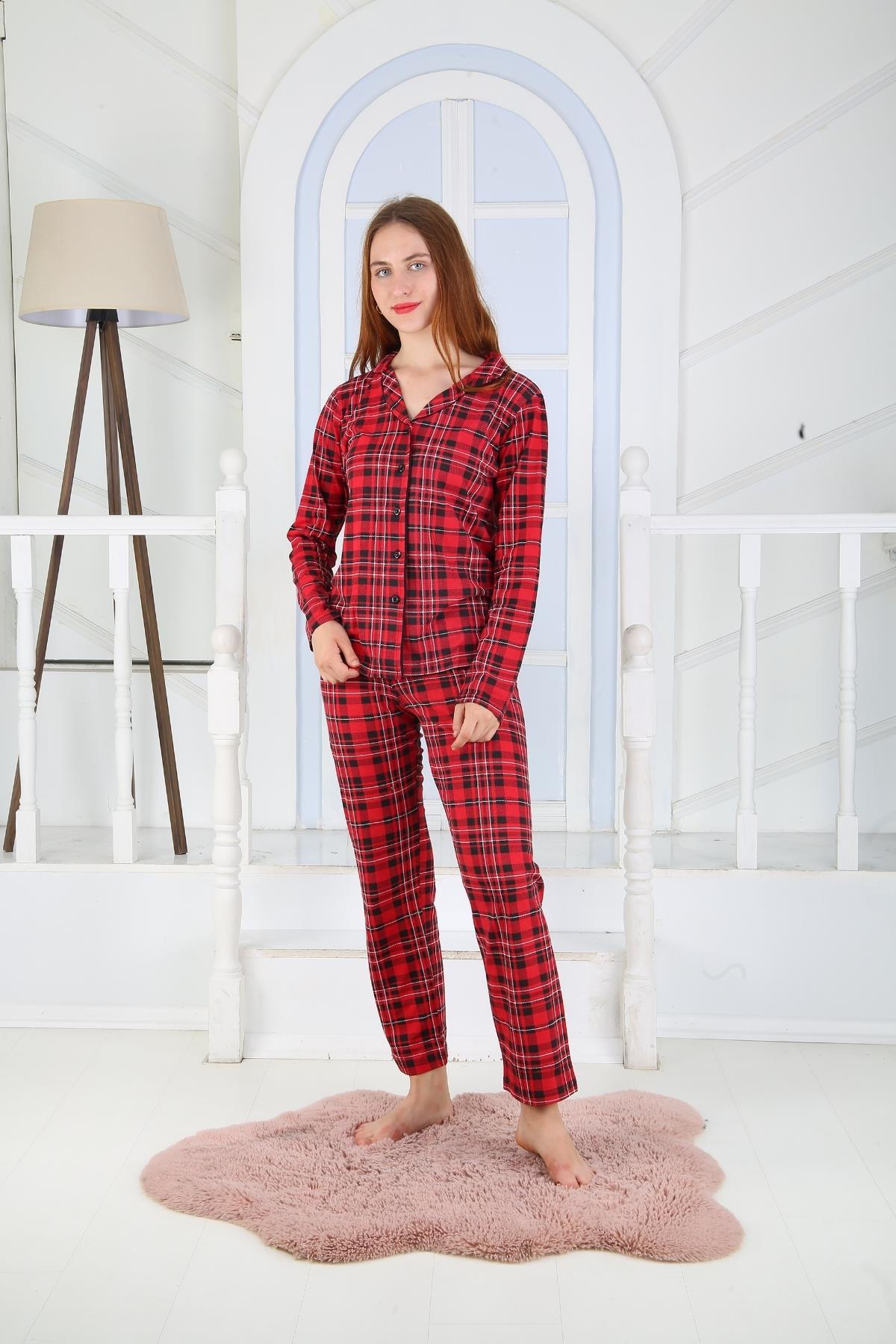 Kadın Düğmeli Uzun Kol Pamuklu Likralı Pijama Takım