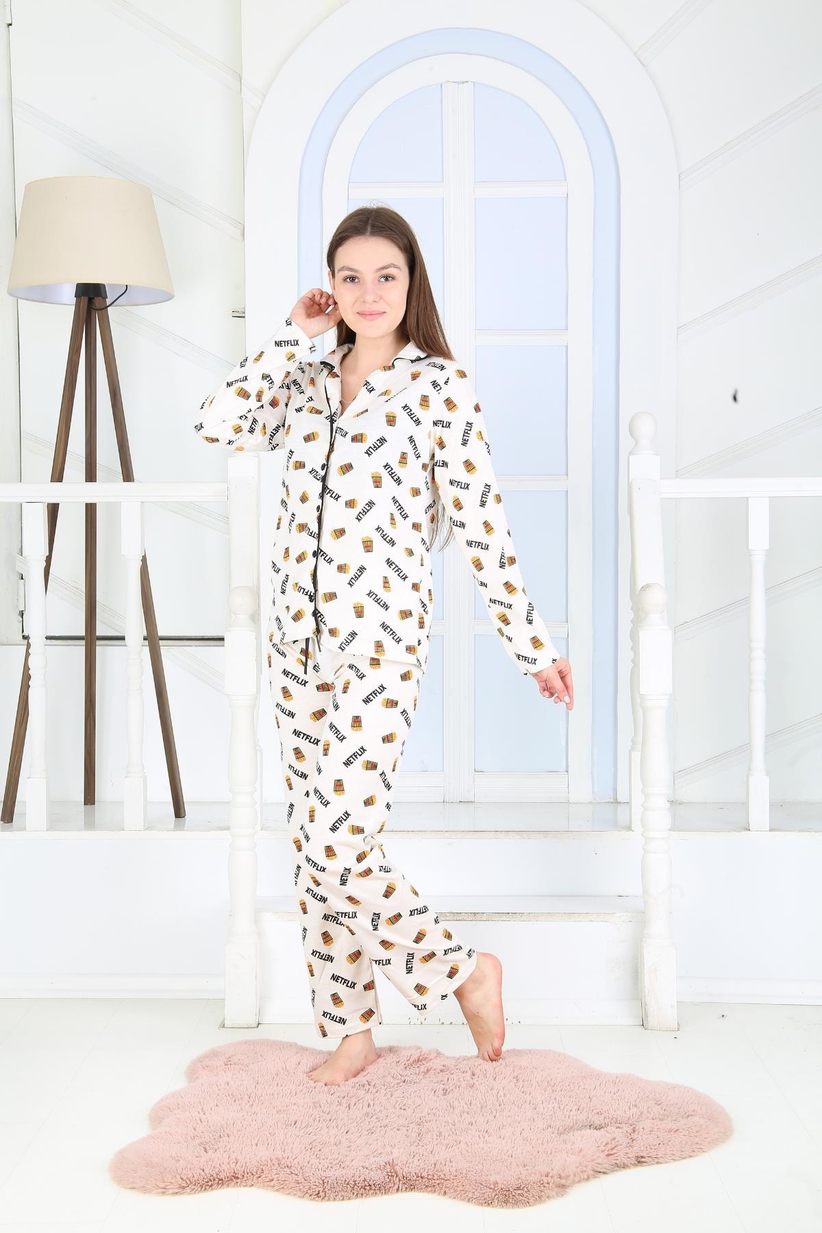 Kadın Düğmeli Uzun Kol Pamuklu Likralı Pijama Takım