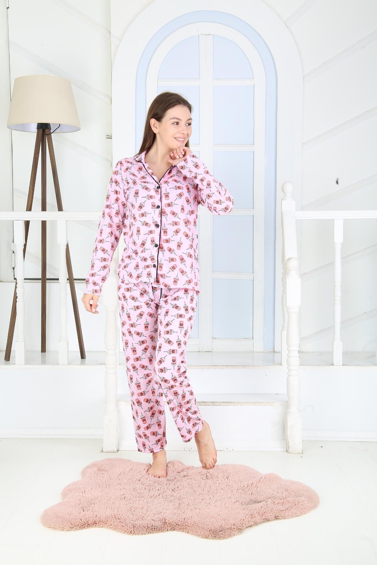Kadın Düğmeli Uzun Kol Pamuklu Likralı Pijama Takım
