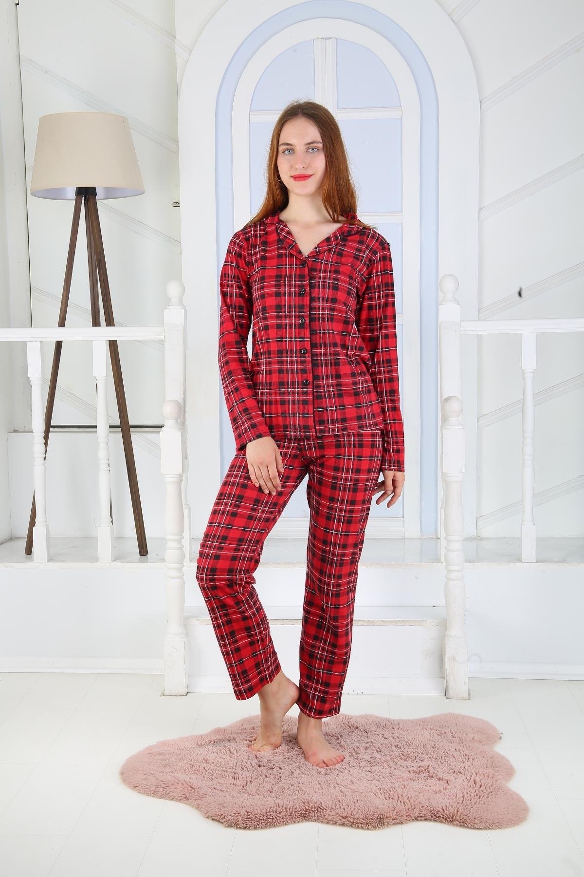 Kadın Düğmeli Uzun Kol Pamuklu Likralı Pijama Takım