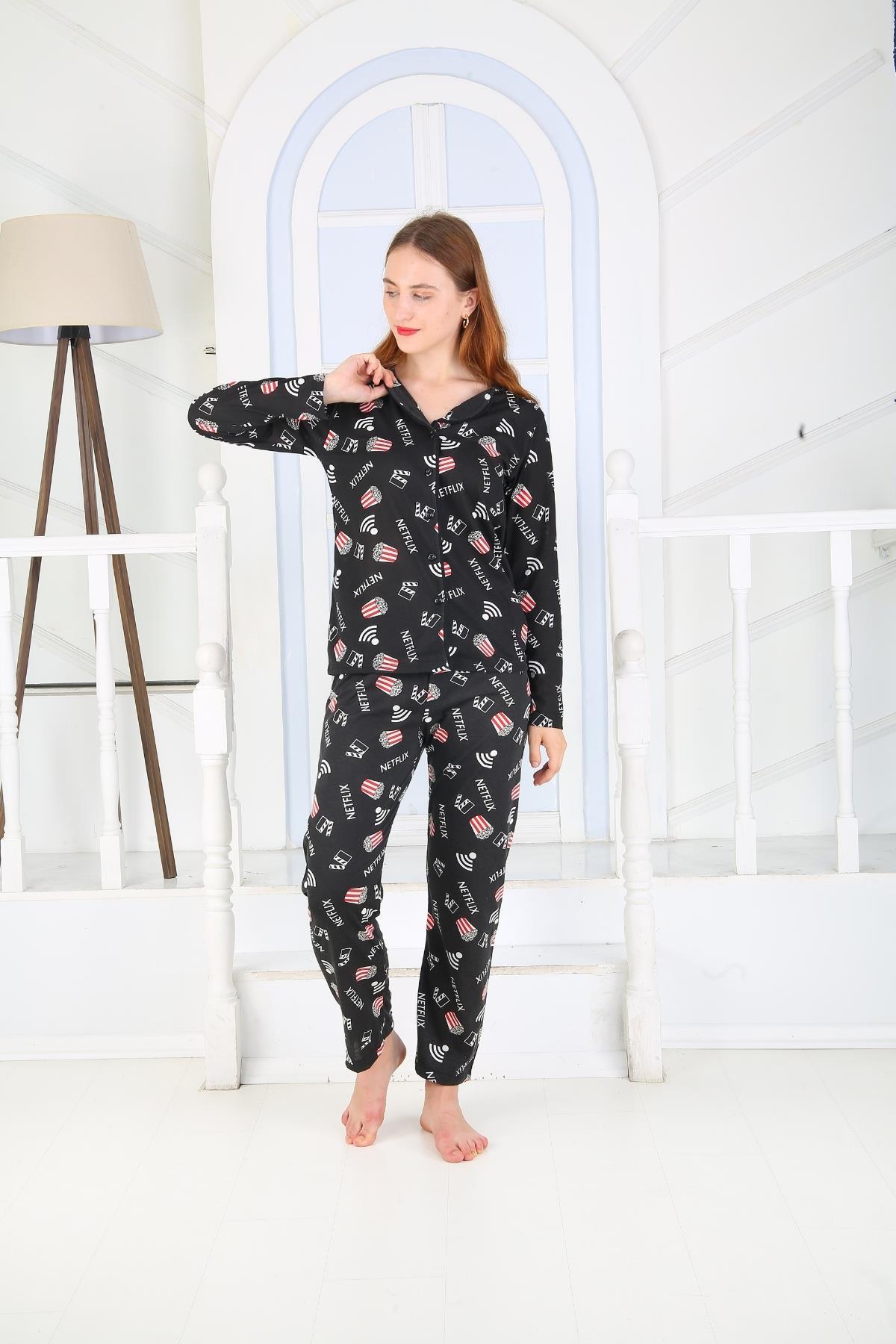 Kadın Düğmeli Uzun Kol Pamuklu Likralı Pijama Takım