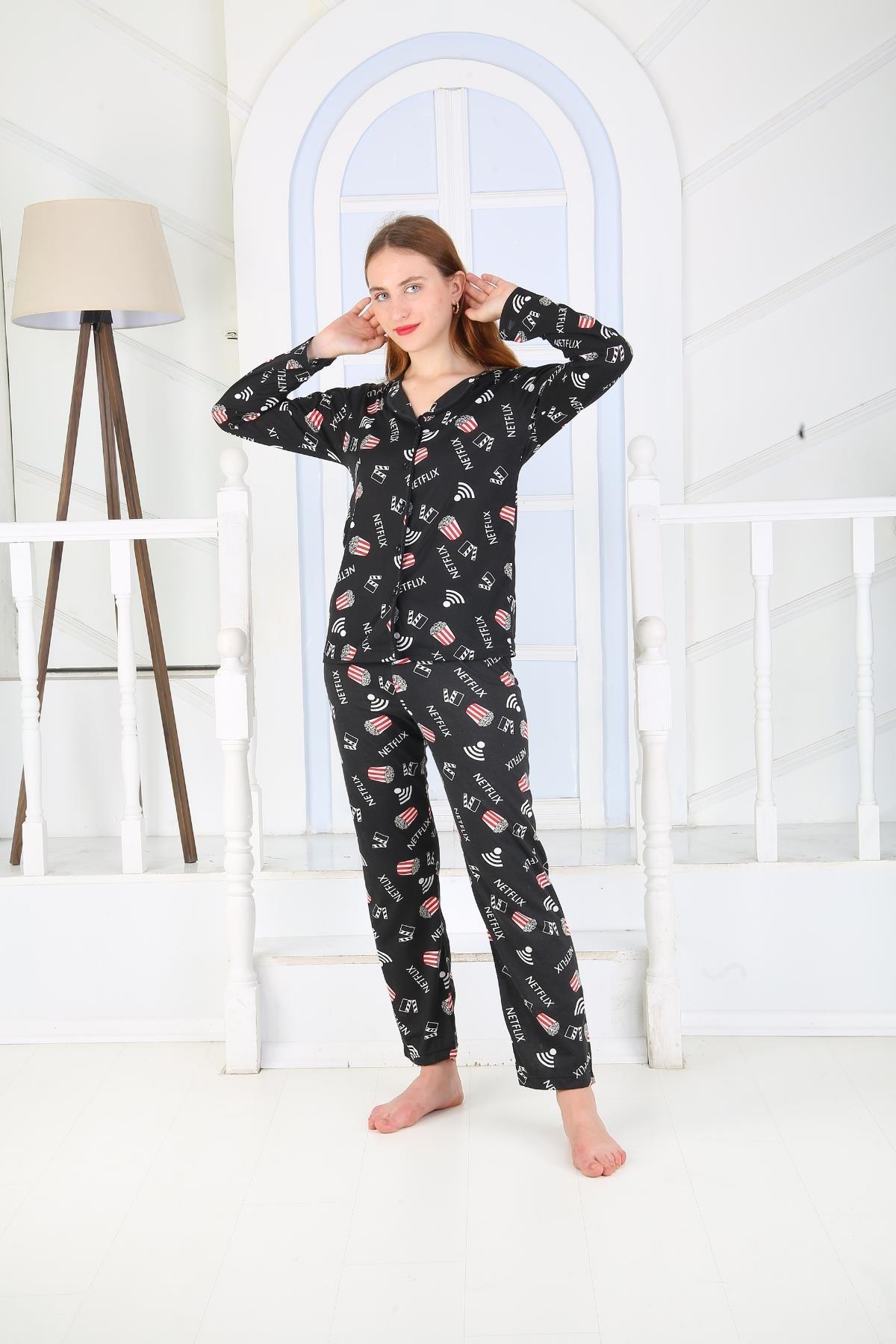Kadın Düğmeli Uzun Kol Pamuklu Likralı Pijama Takım