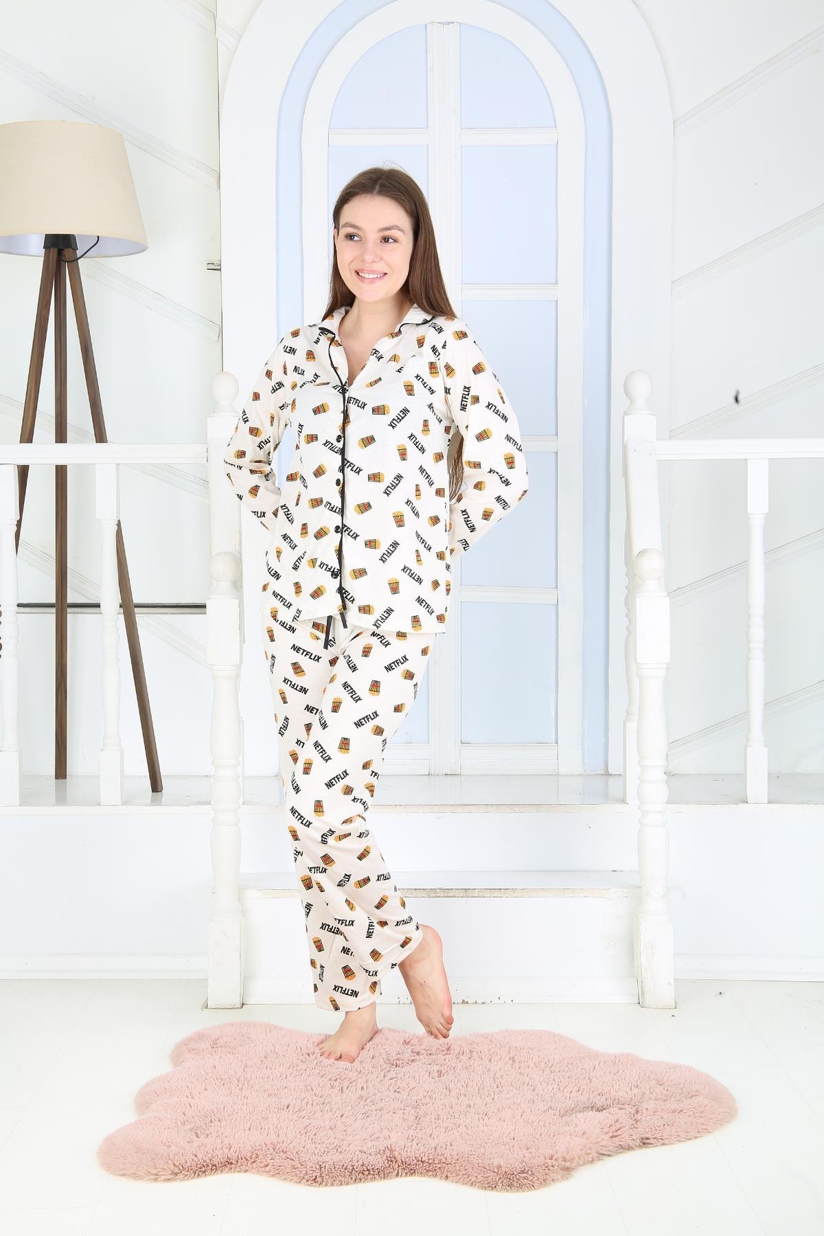 Kadın Düğmeli Uzun Kol Pamuklu Likralı Pijama Takım