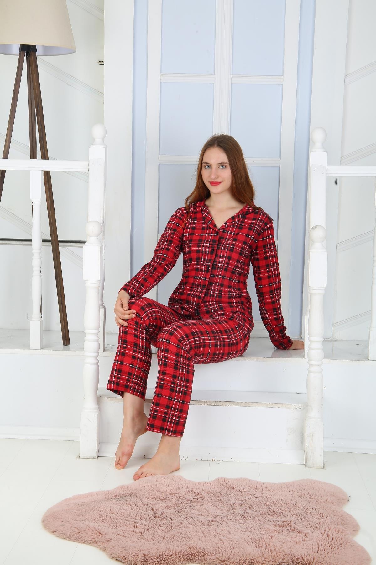 Kadın Düğmeli Uzun Kol Pamuklu Likralı Pijama Takım