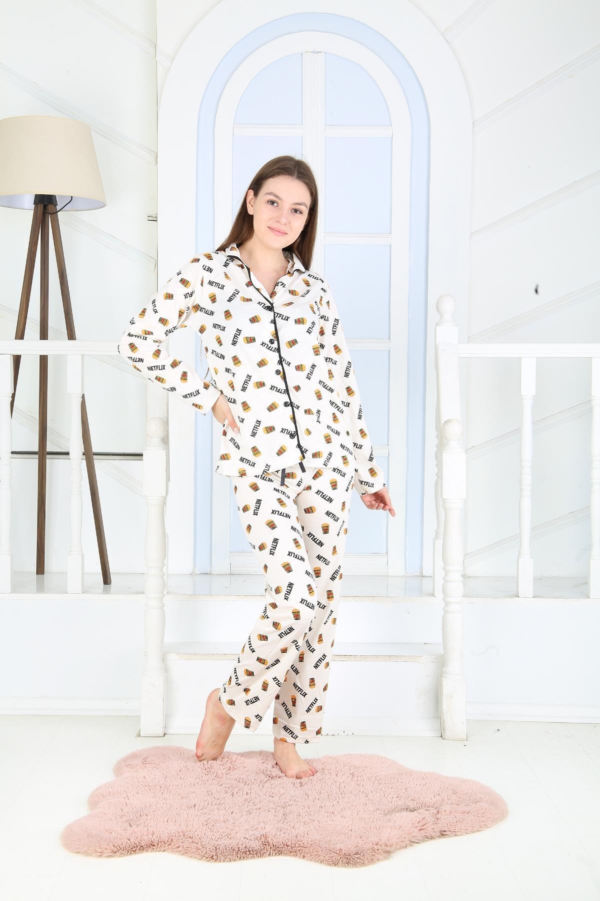 Kadın Düğmeli Uzun Kol Pamuklu Likralı Pijama Takım