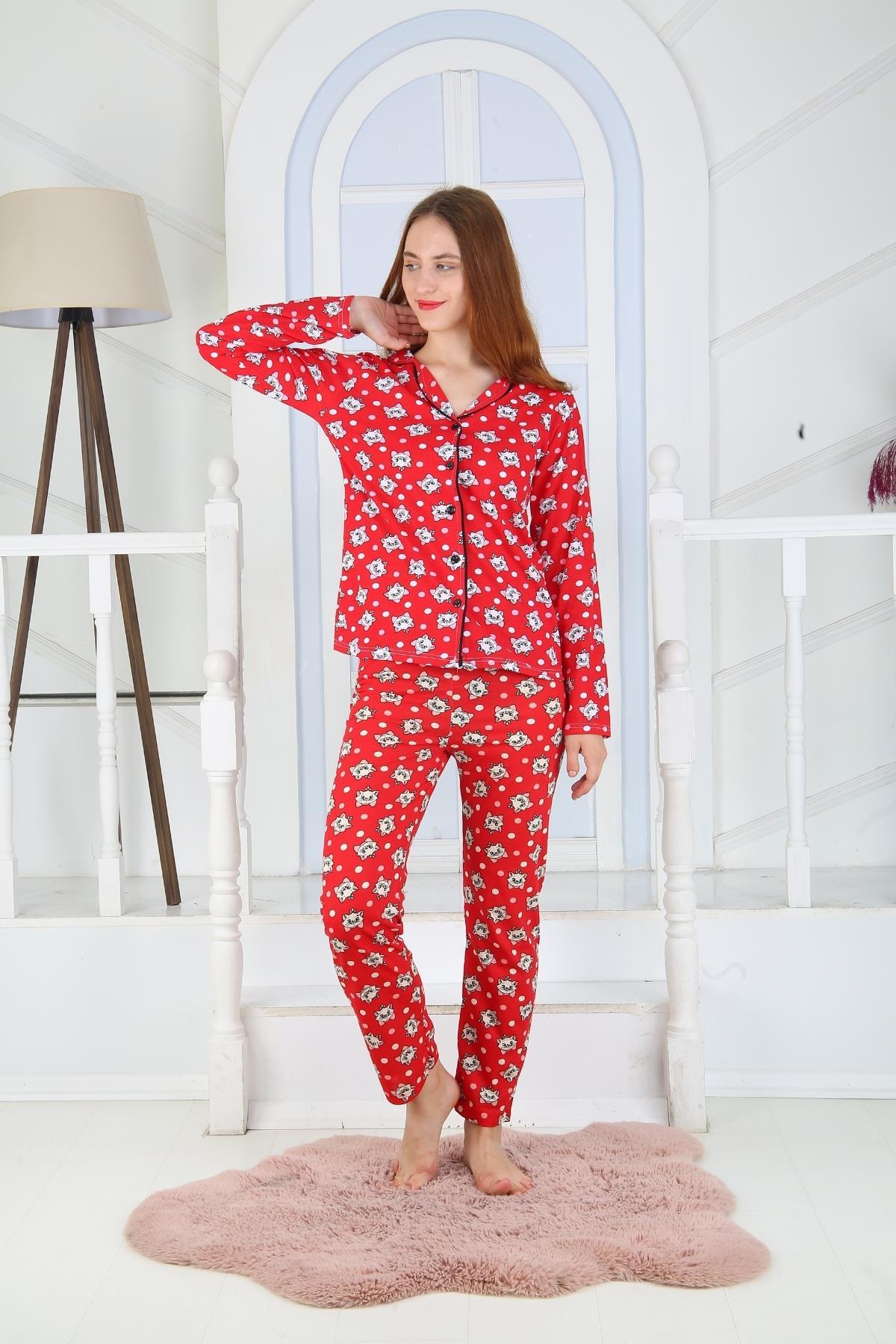Kadın Düğmeli Uzun Kol Pamuklu Likralı Pijama Takım